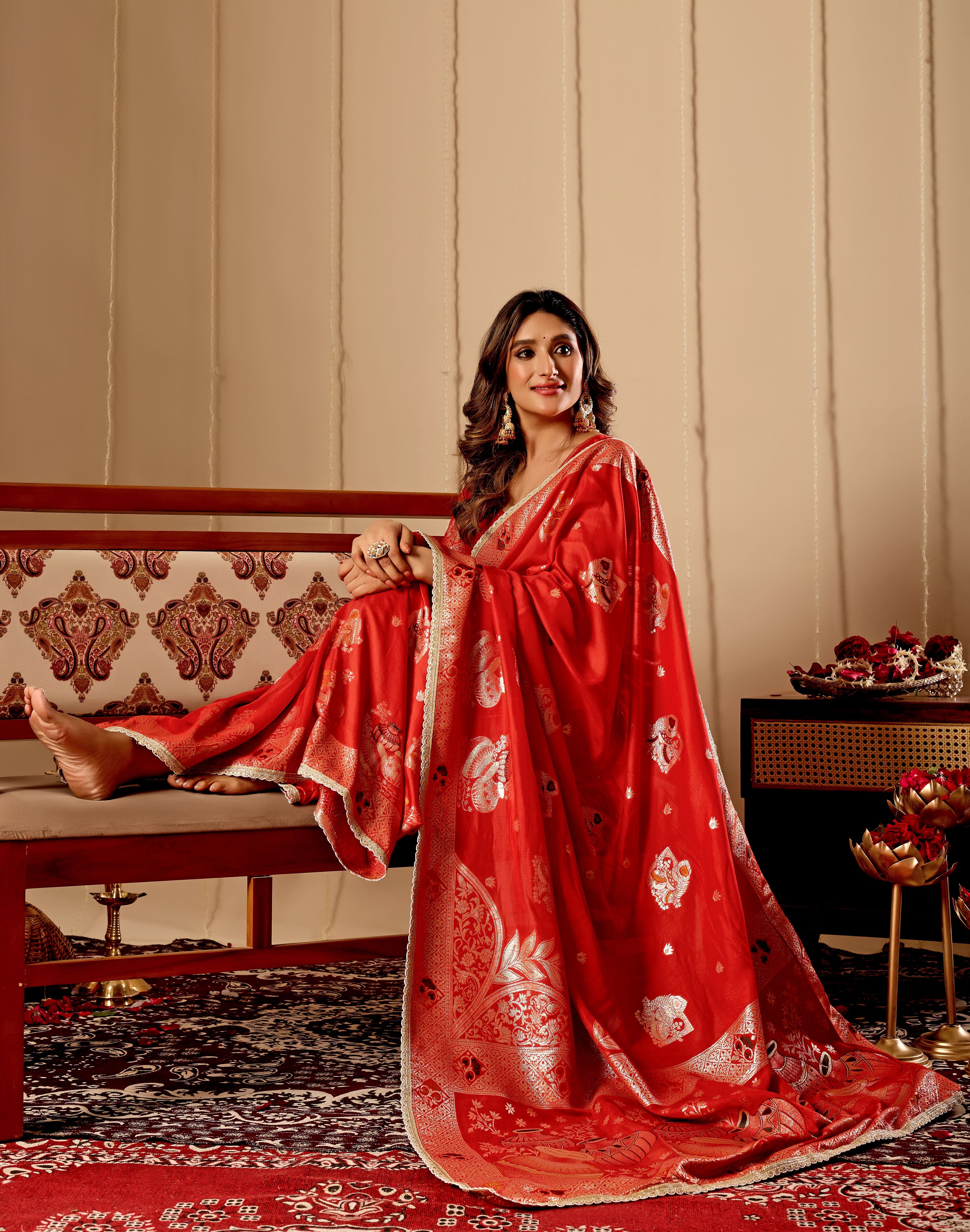 Sindoor Red Satin Heritage Silk Saree with Traditional Zari Motifs