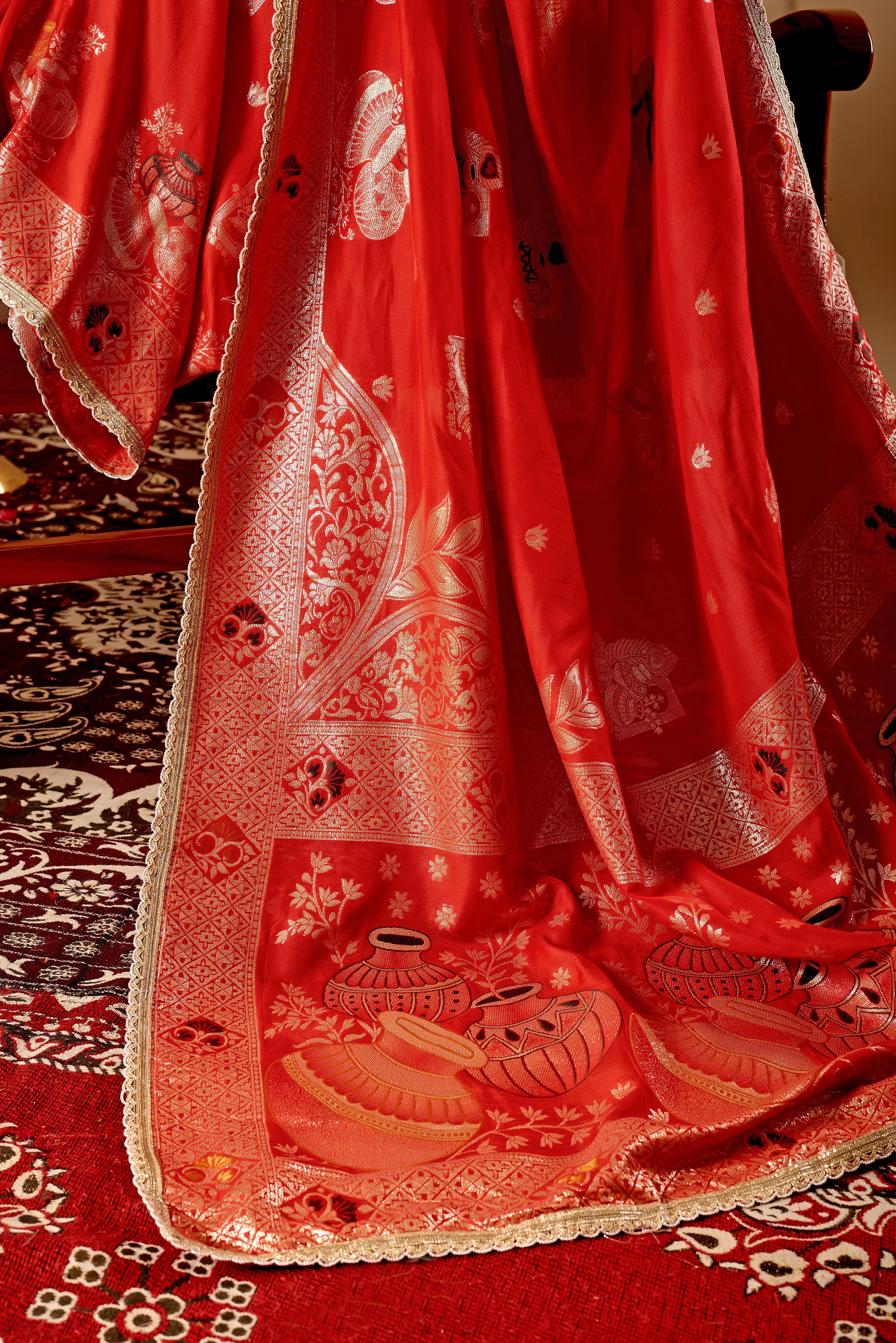 Sindoor Red Satin Heritage Silk Saree with Traditional Zari Motifs