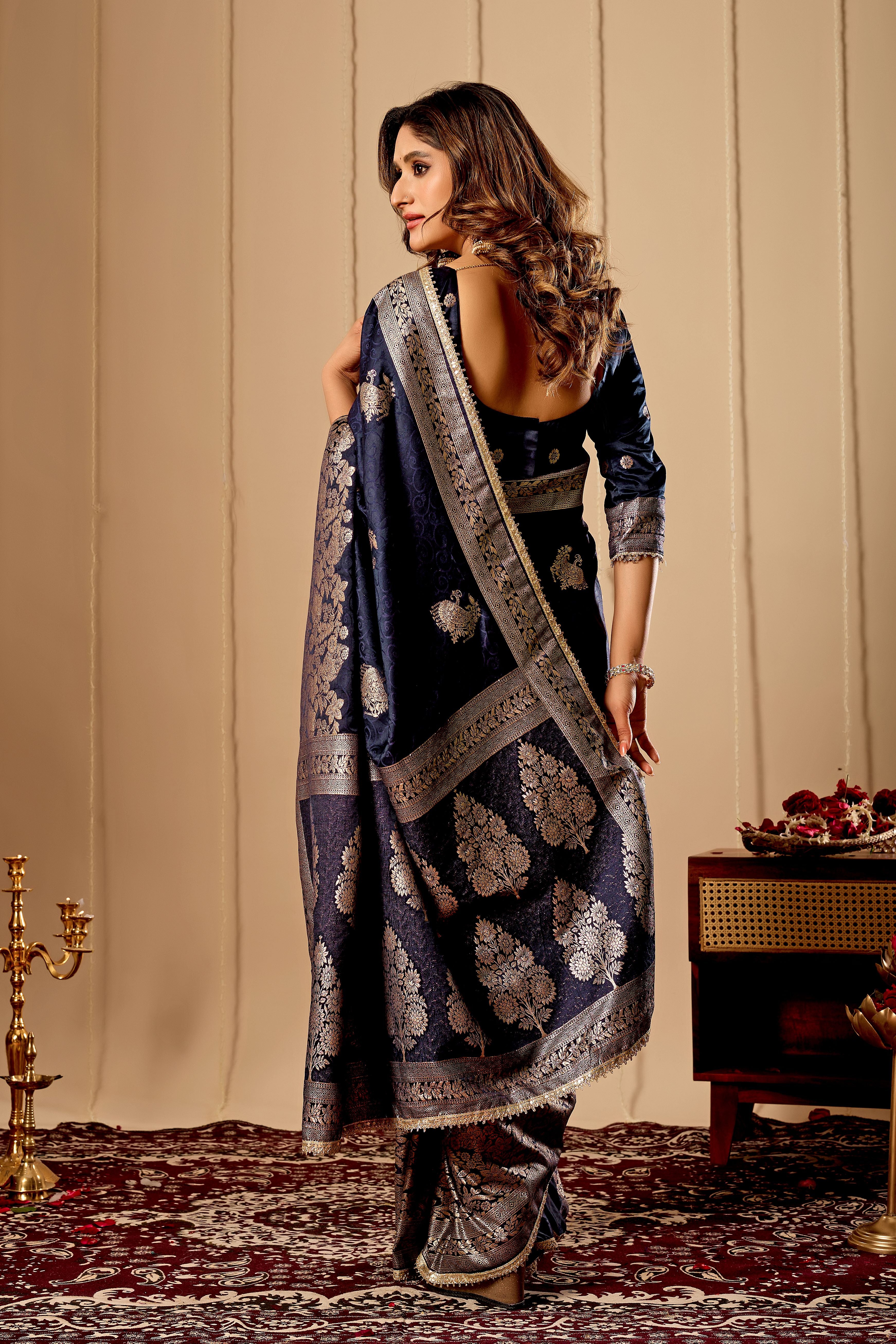 Midnight Navy Blue Satin Silk Saree with Antique Silver Zari Work