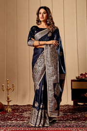 Midnight Navy Blue Satin Silk Saree with Antique Silver Zari Work