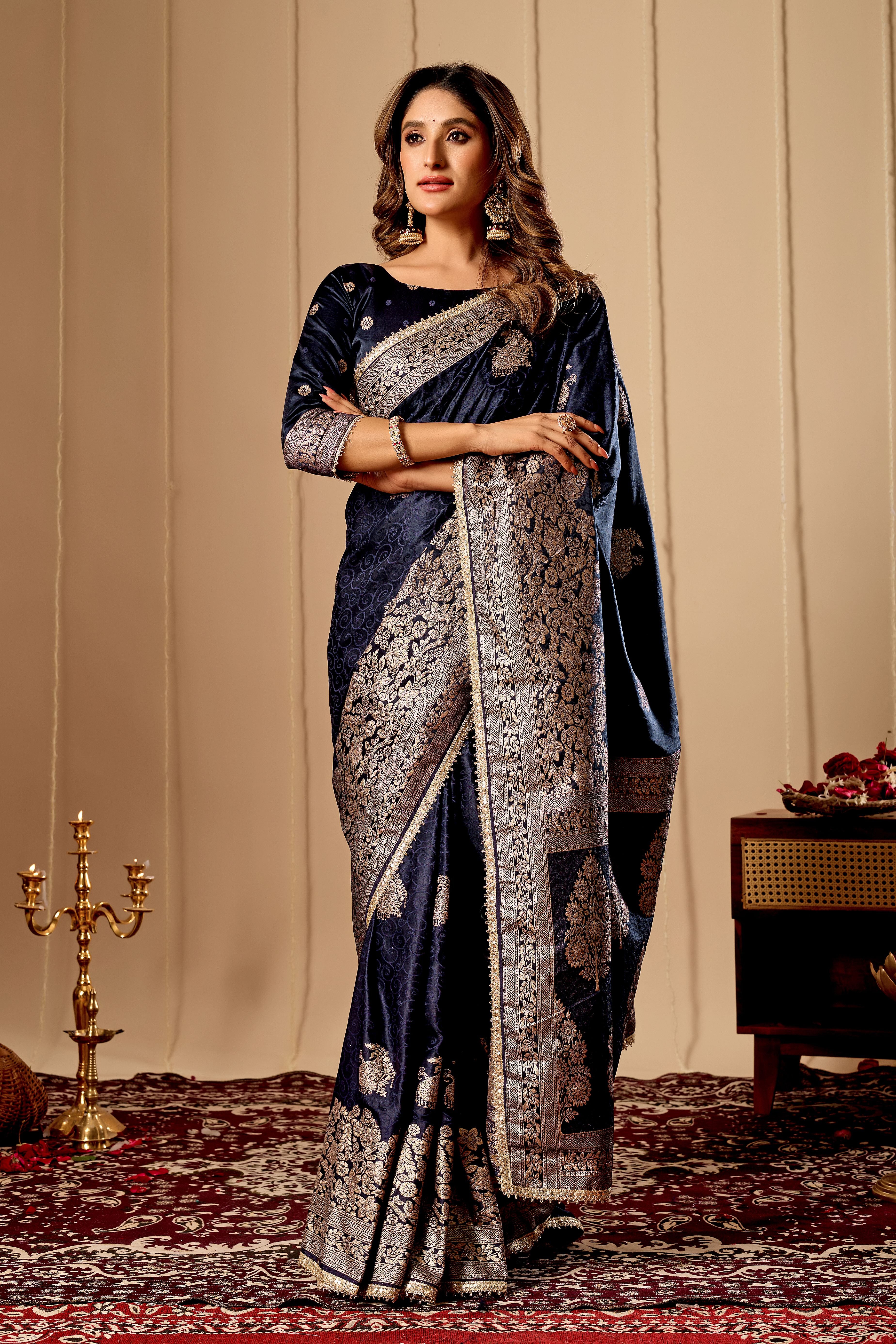 Midnight Navy Blue Satin Silk Saree with Antique Silver Zari Work