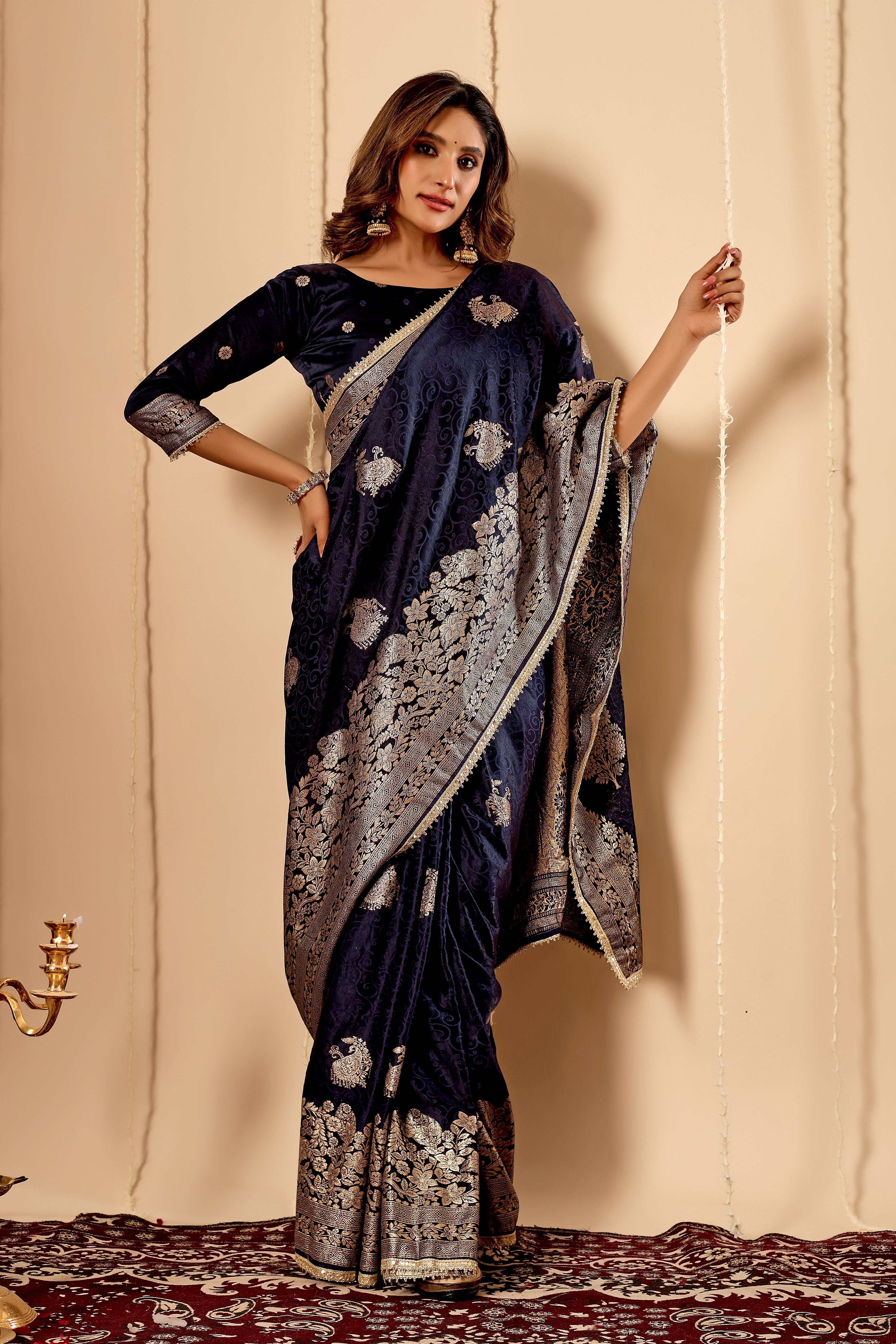Midnight Navy Blue Satin Silk Saree with Antique Silver Zari Work