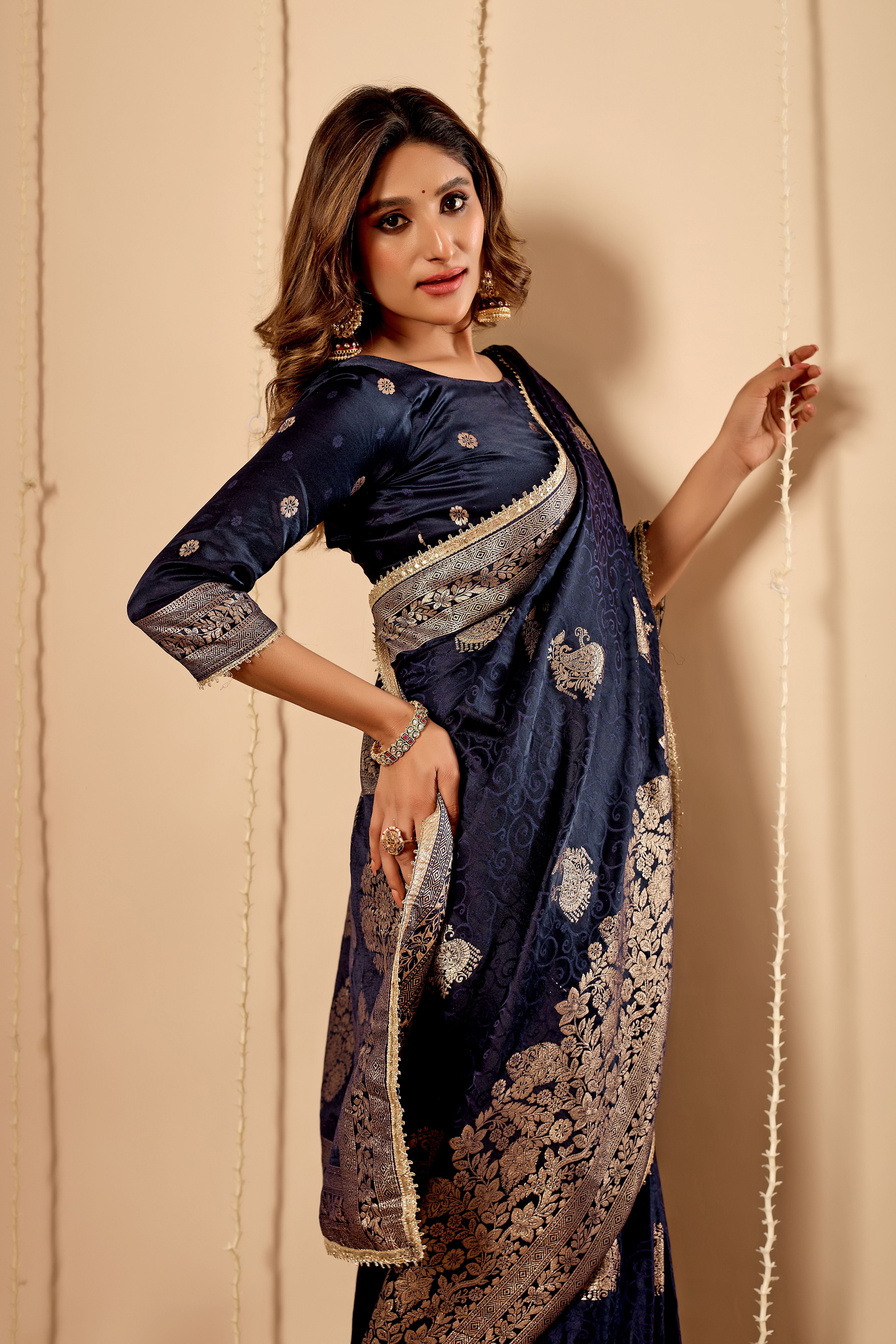 Midnight Navy Blue Satin Silk Saree with Antique Silver Zari Work