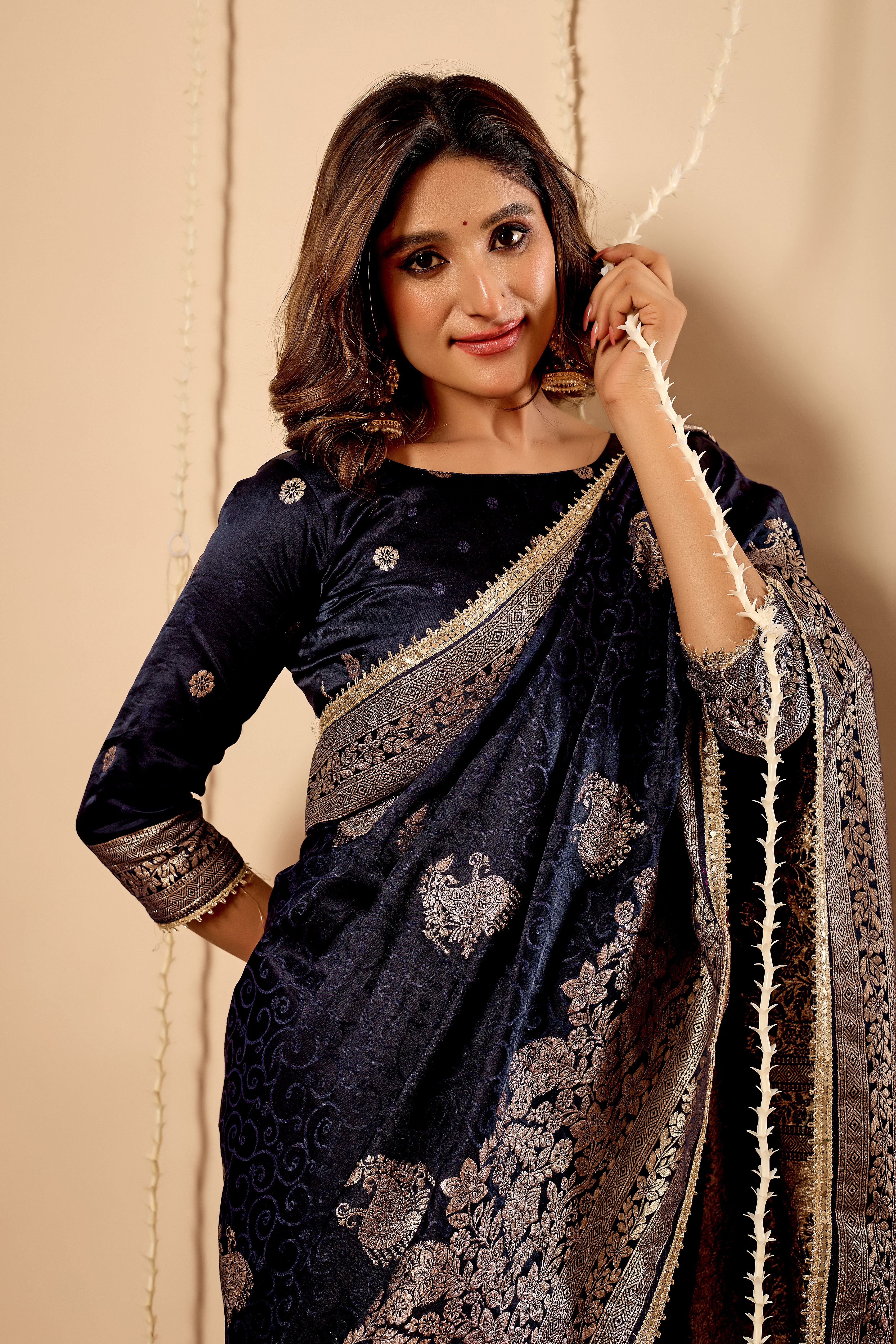 Midnight Navy Blue Satin Silk Saree with Antique Silver Zari Work