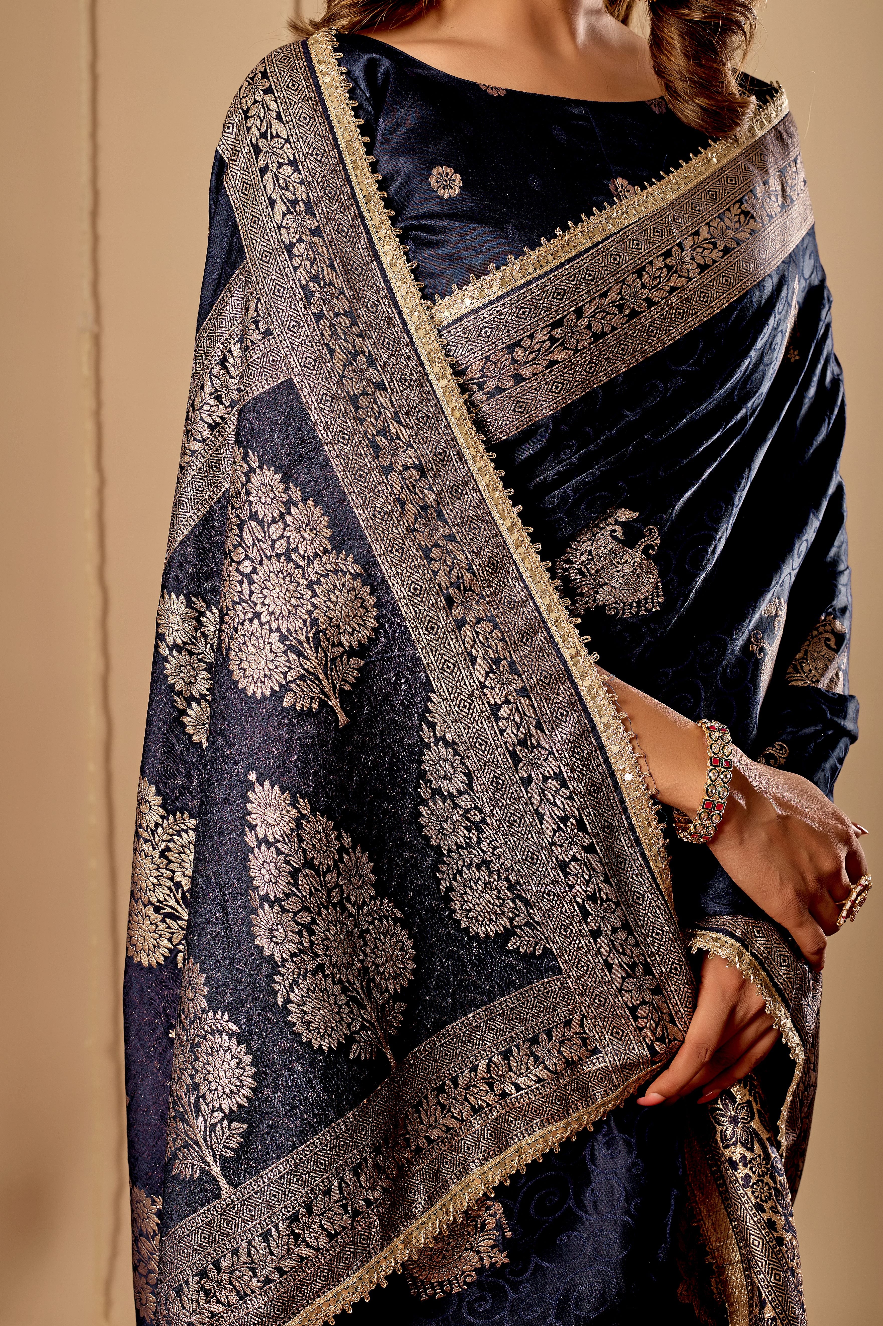 Midnight Navy Blue Satin Silk Saree with Antique Silver Zari Work