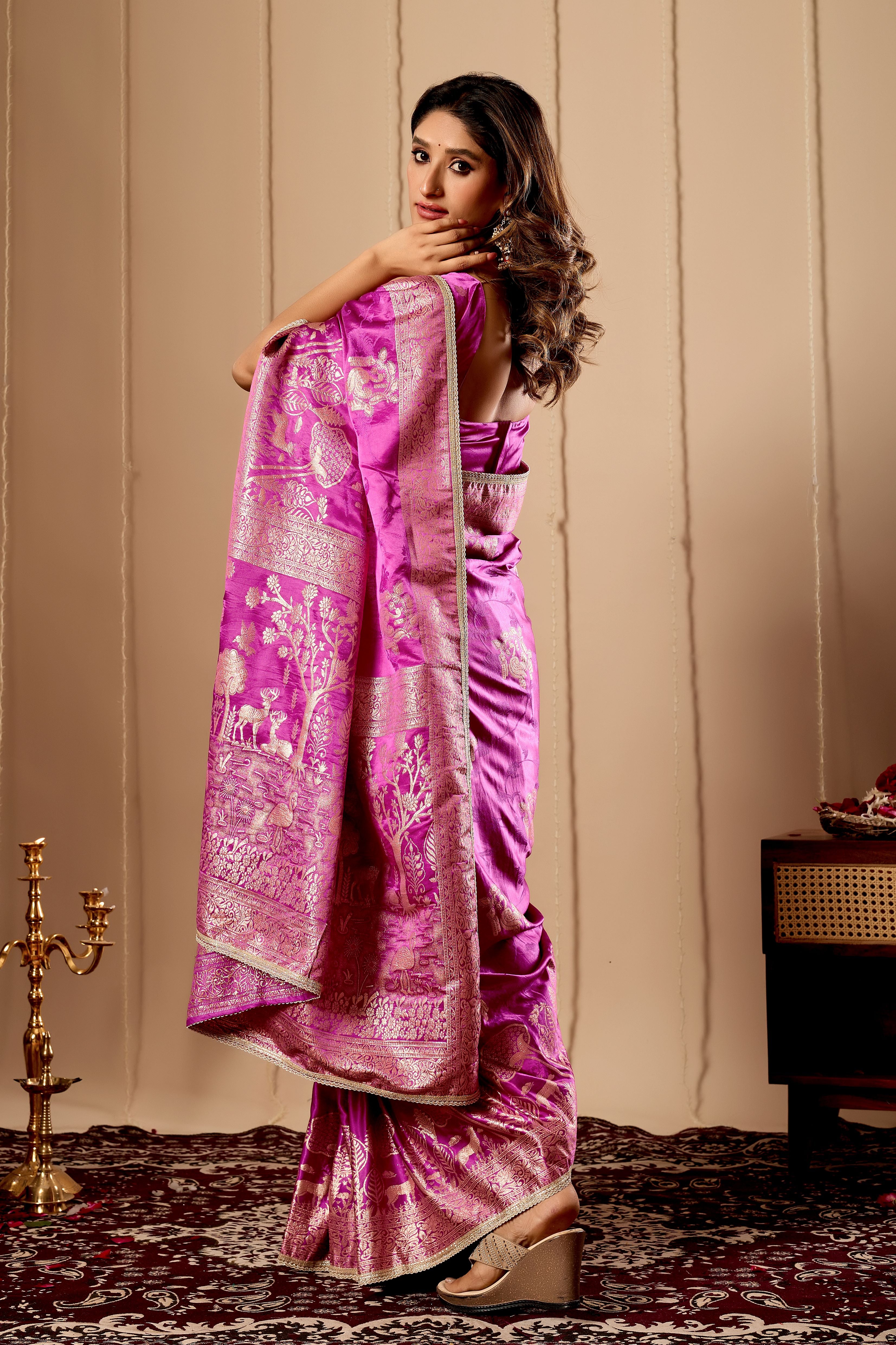 Royal Orchid Pink Satin Silk Saree with Traditional Gold Zari Weaving