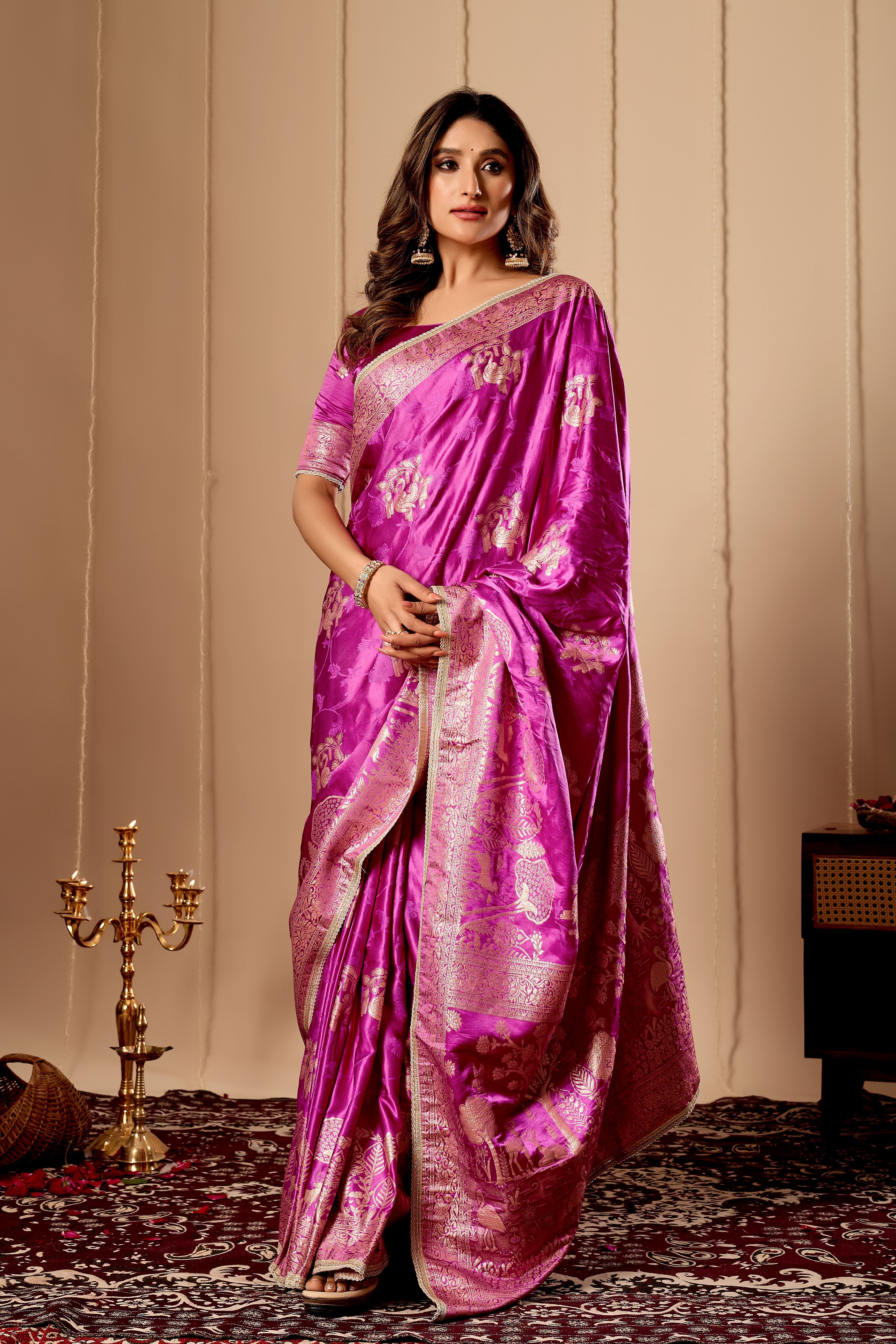 Royal Orchid Pink Satin Silk Saree with Traditional Gold Zari Weaving