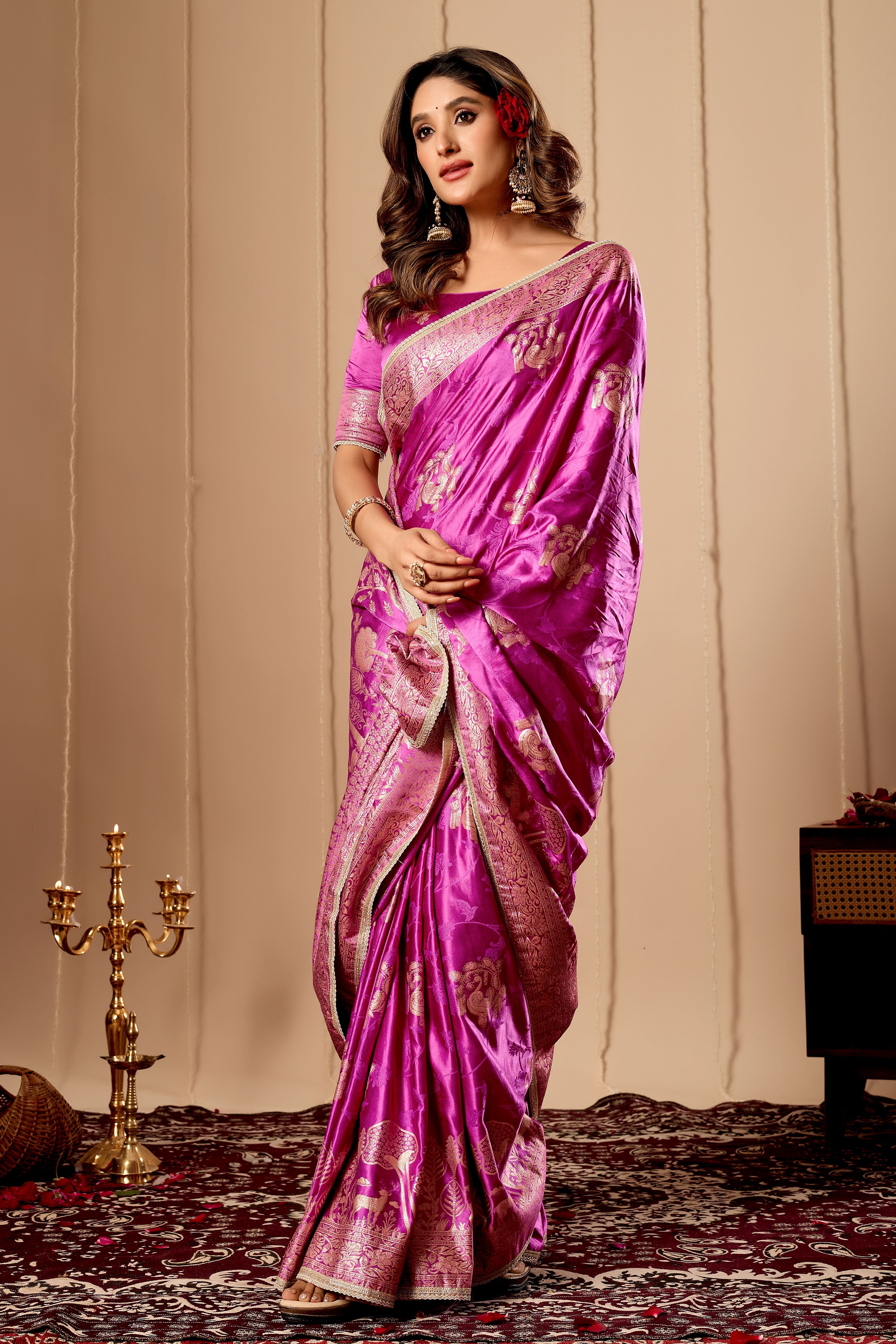 Royal Orchid Pink Satin Silk Saree with Traditional Gold Zari Weaving