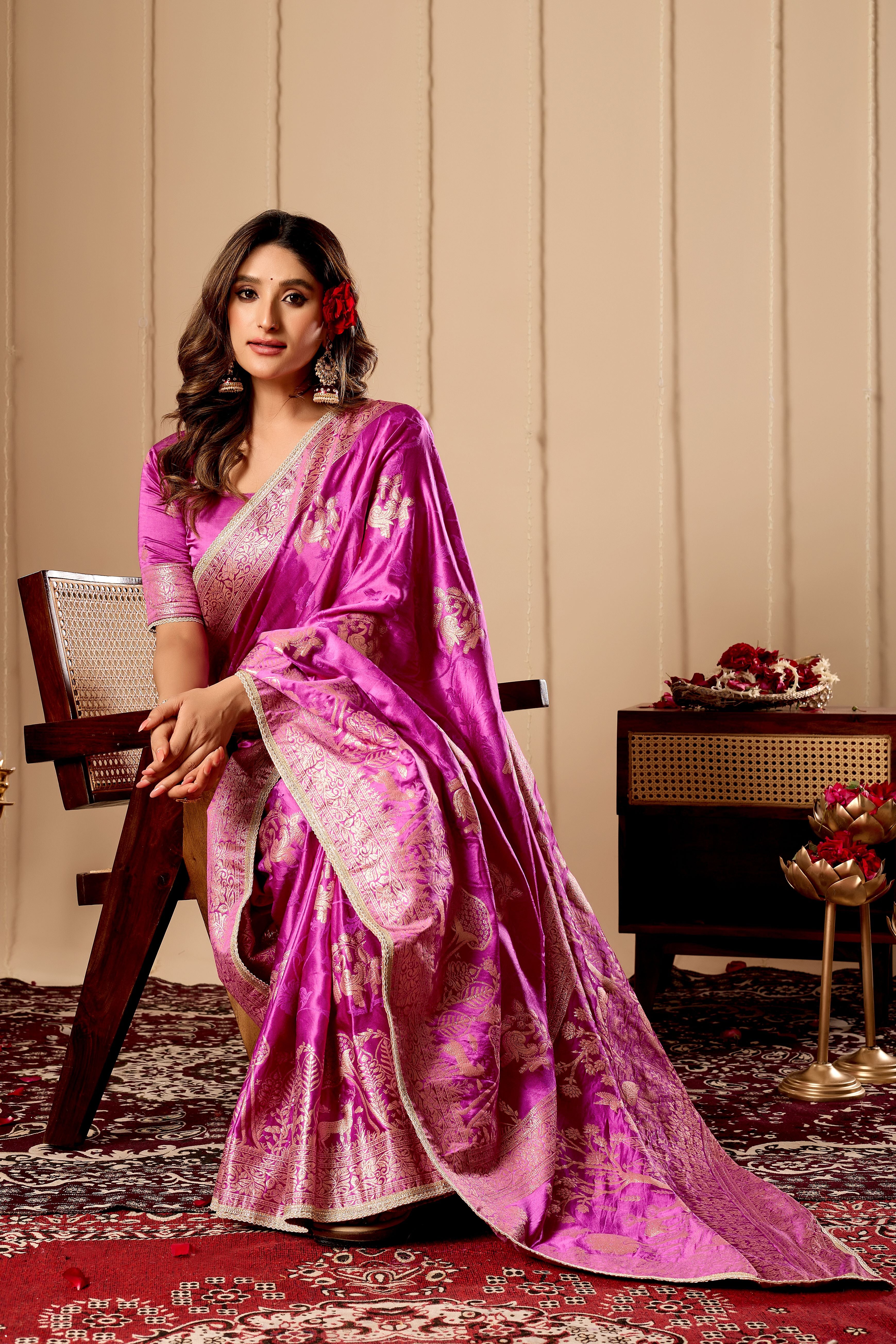 Royal Orchid Pink Satin Silk Saree with Traditional Gold Zari Weaving