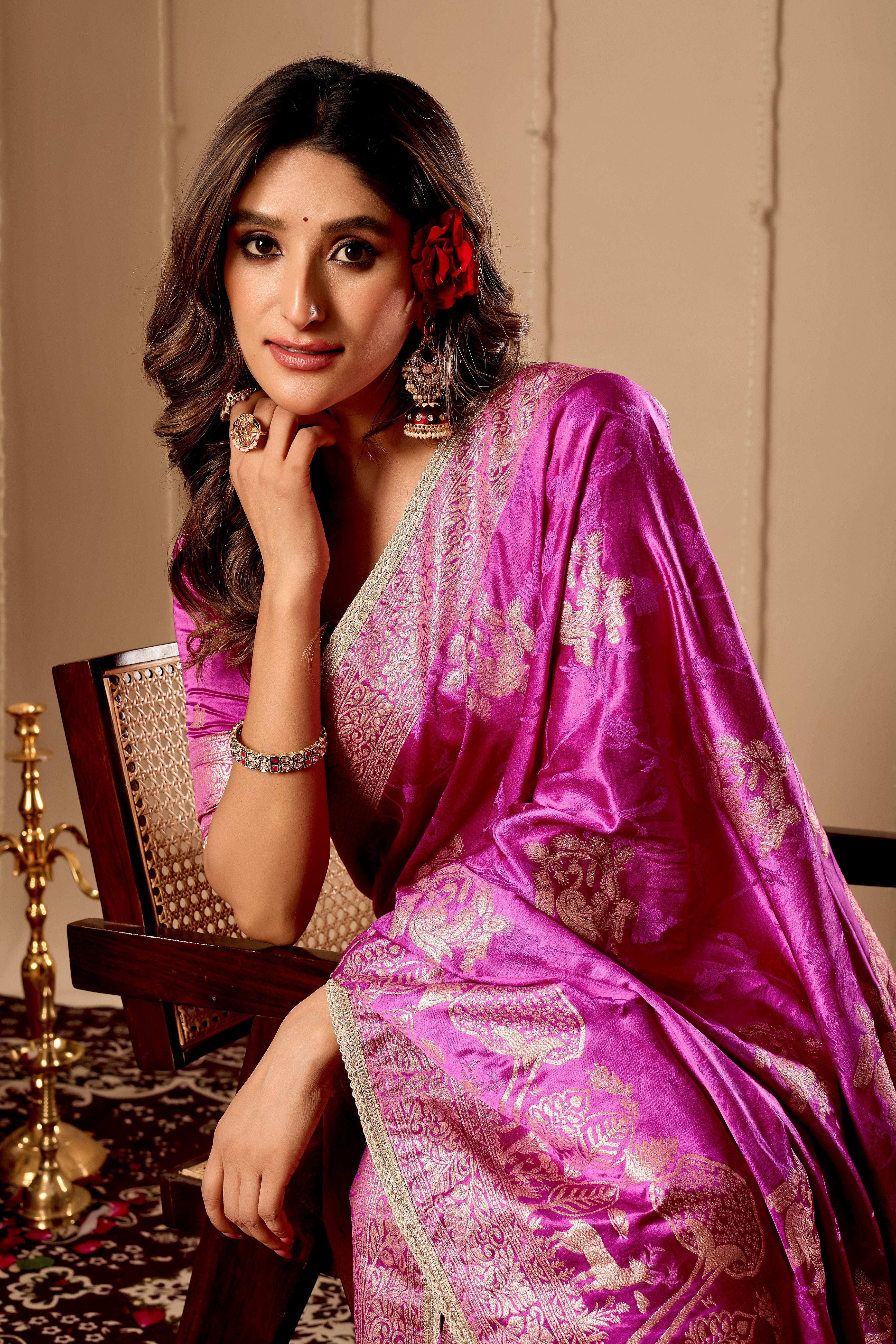 Royal Orchid Pink Satin Silk Saree with Traditional Gold Zari Weaving