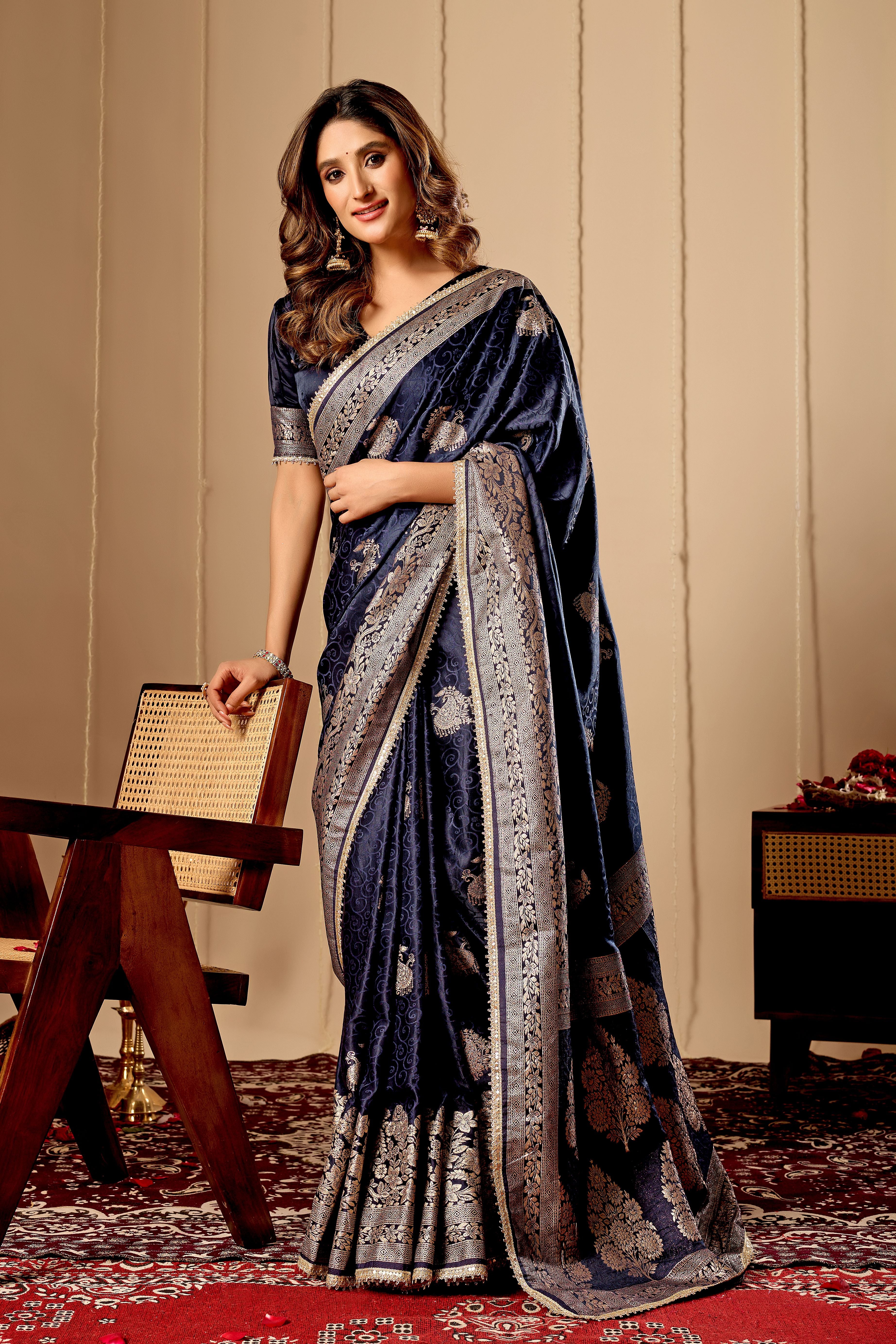Royal Midnight Blue Satin Silk Saree with Antique Silver Zari Motifs