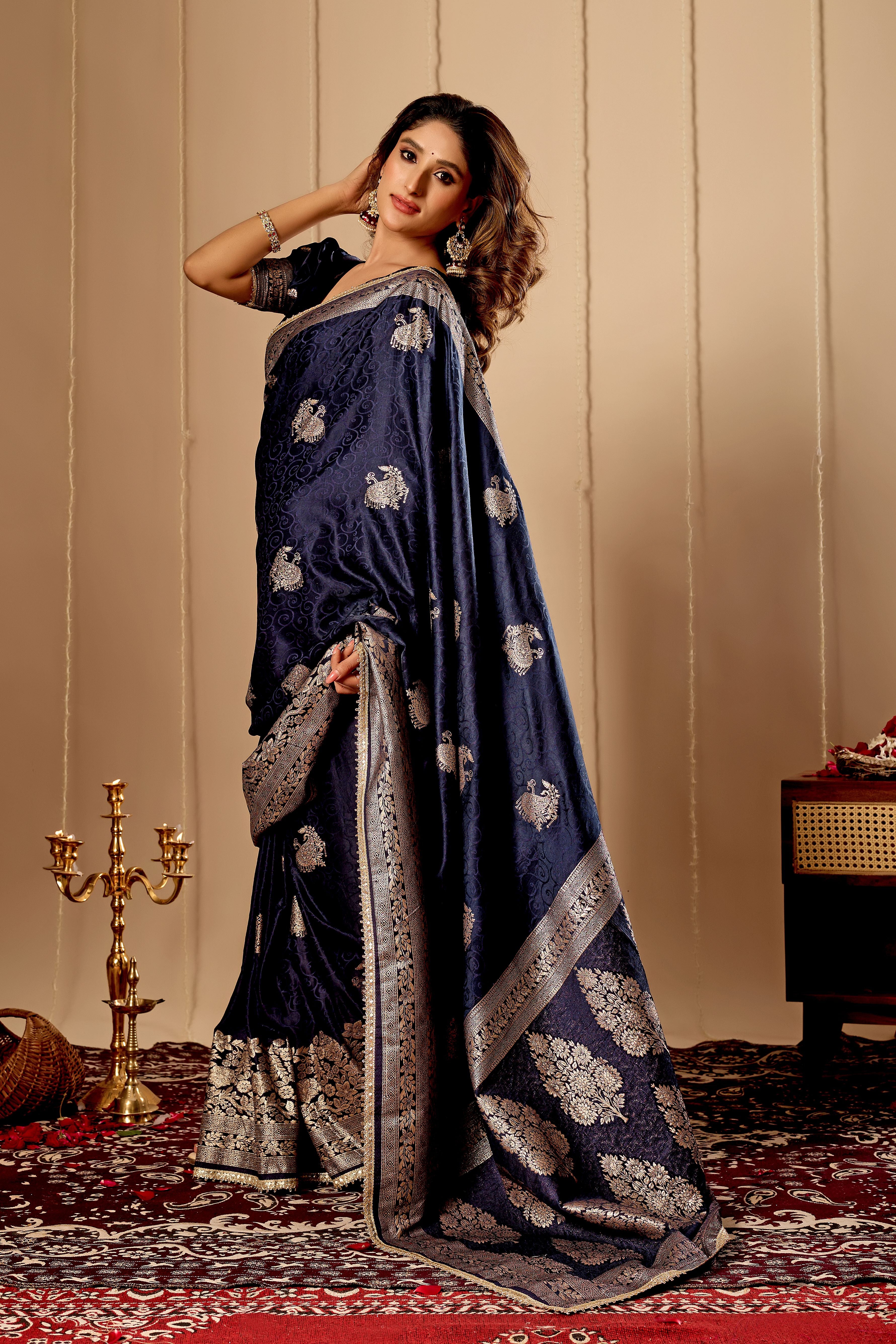 Royal Midnight Blue Satin Silk Saree with Antique Silver Zari Motifs