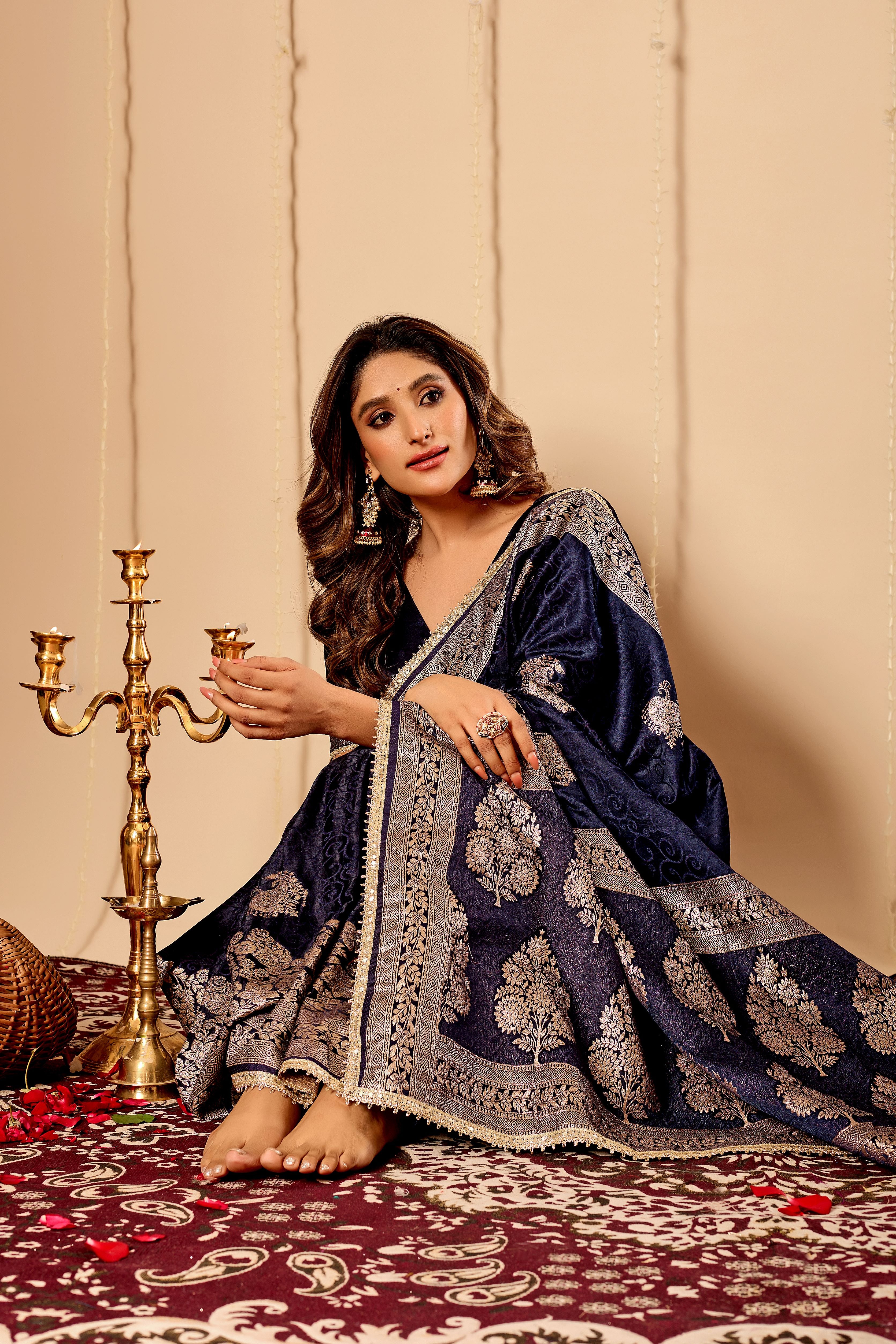Royal Midnight Blue Satin Silk Saree with Antique Silver Zari Motifs