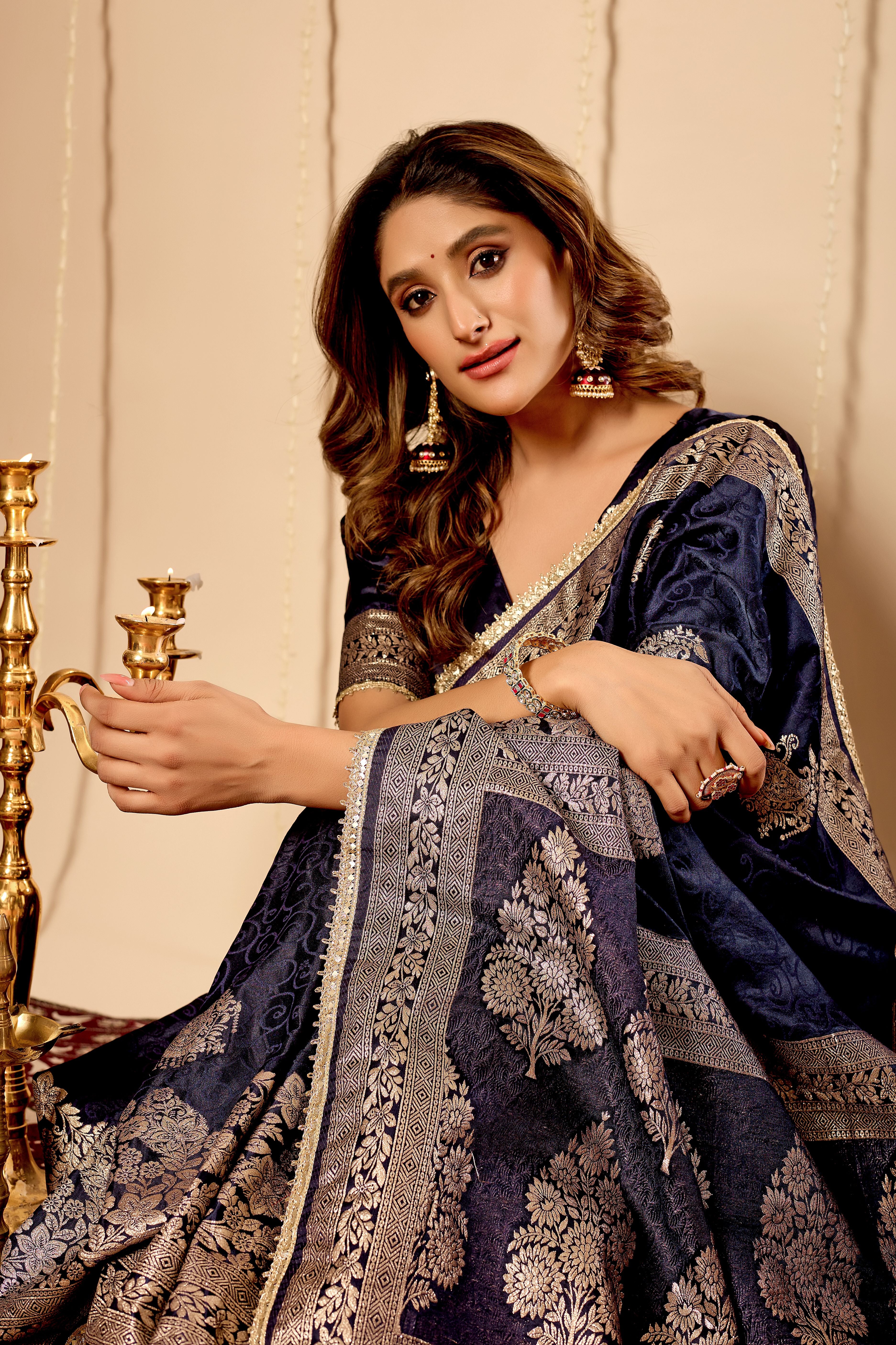 Royal Midnight Blue Satin Silk Saree with Antique Silver Zari Motifs