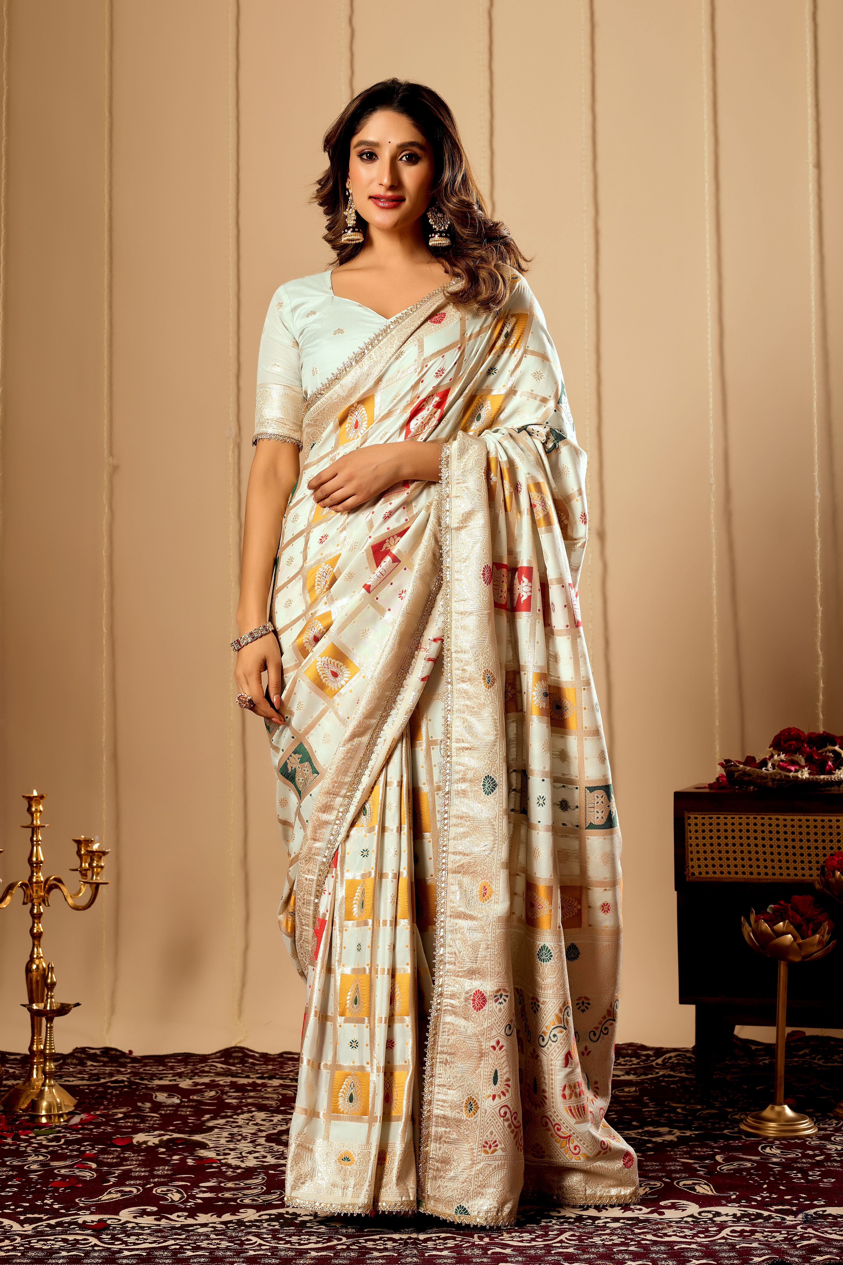 Ivory Pearl Satin Silk Saree with Multicolor Heritage Zari Motifs