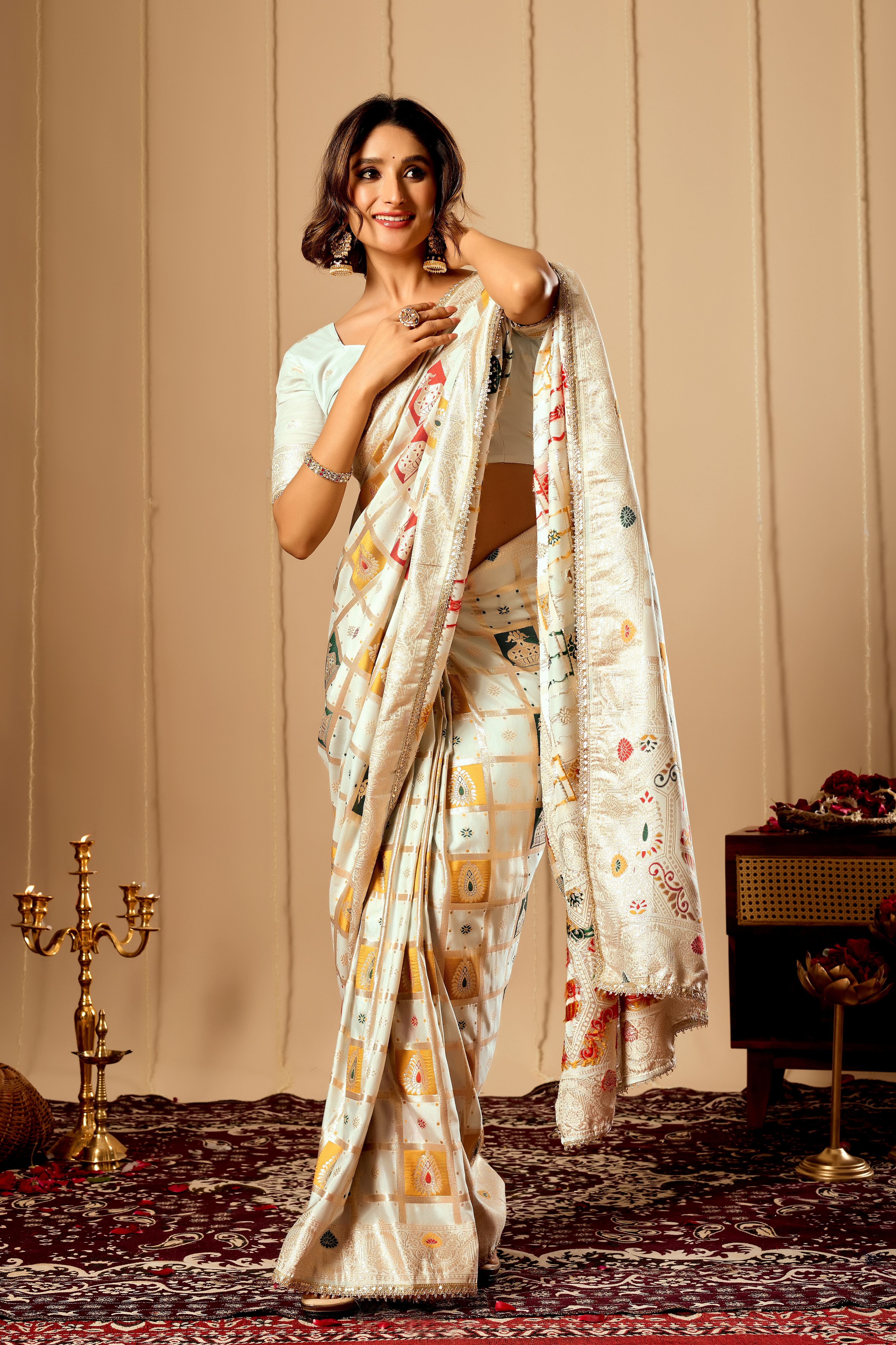 Ivory Pearl Satin Silk Saree with Multicolor Heritage Zari Motifs