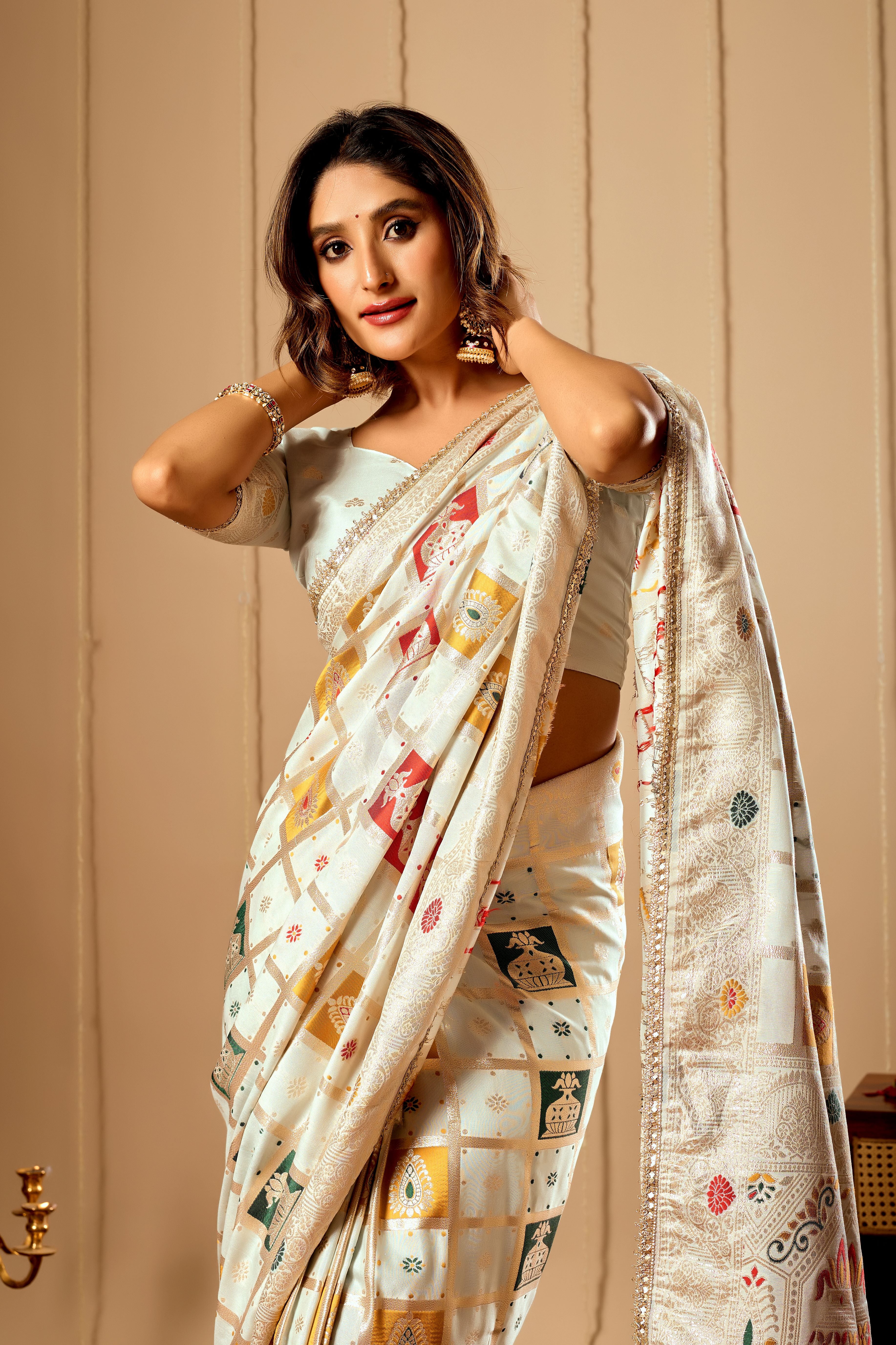 Ivory Pearl Satin Silk Saree with Multicolor Heritage Zari Motifs
