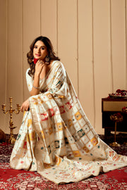 Ivory Pearl Satin Silk Saree with Multicolor Heritage Zari Motifs