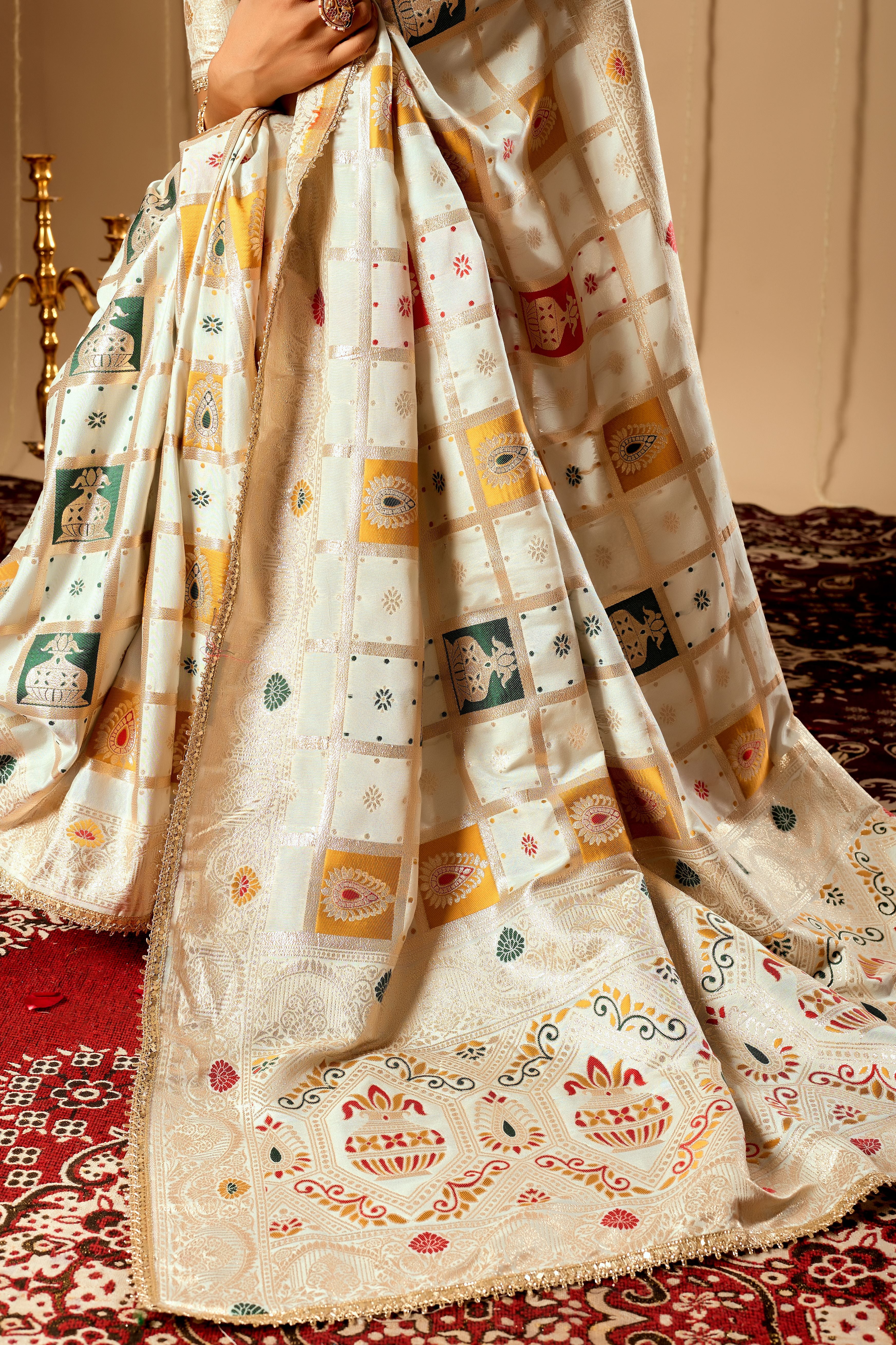 Ivory Pearl Satin Silk Saree with Multicolor Heritage Zari Motifs
