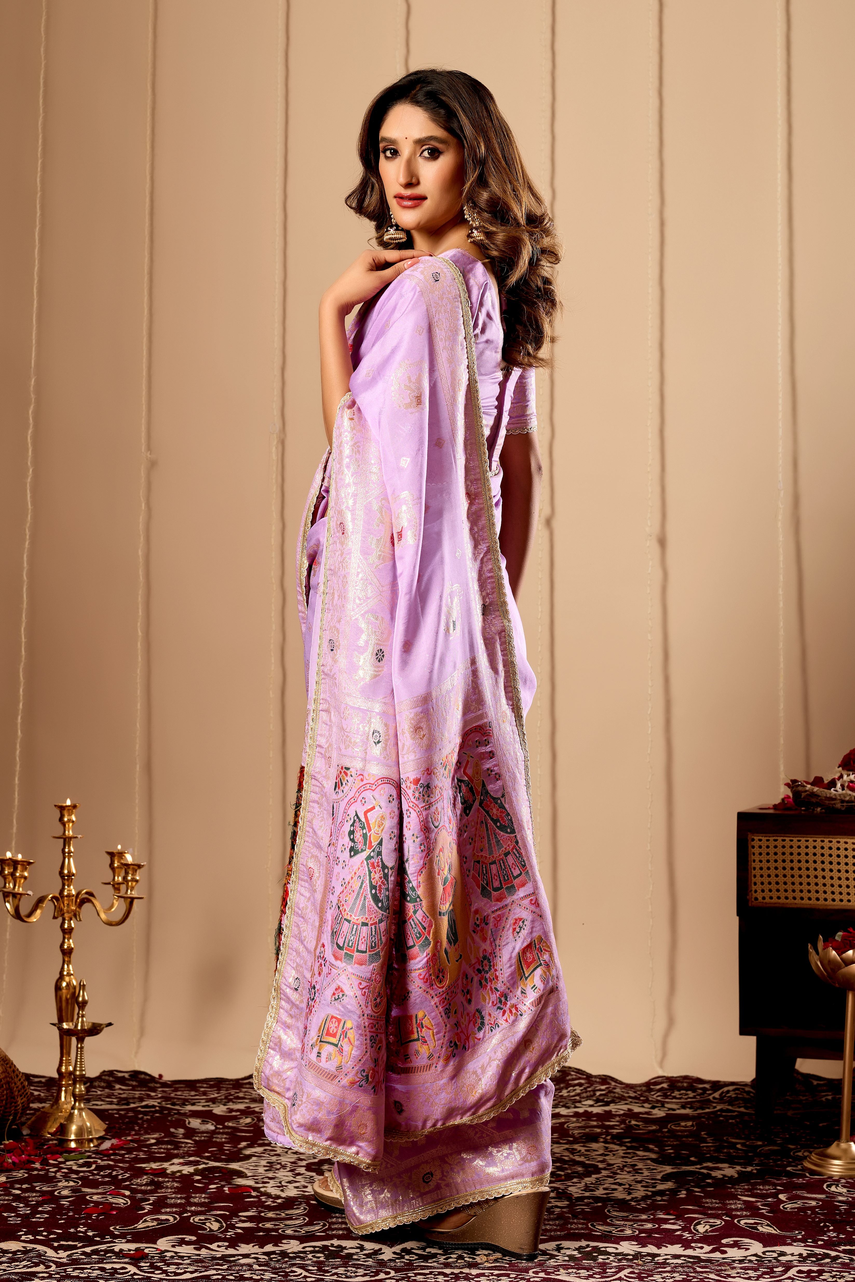 Lavender Mist Satin Silk Saree with Heritage Motifs & Zari Border