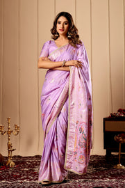 Lavender Mist Satin Silk Saree with Heritage Motifs & Zari Border
