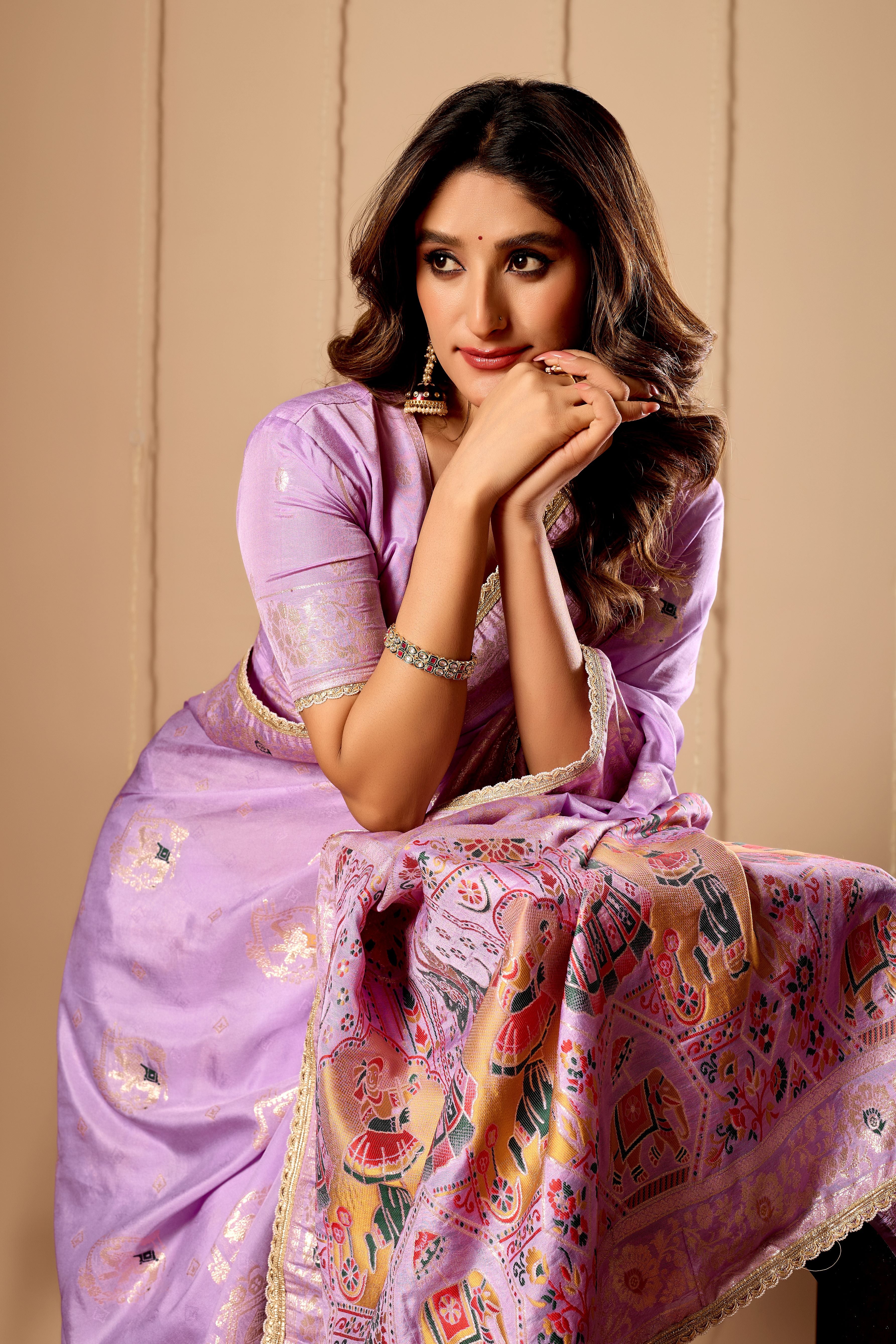 Lavender Mist Satin Silk Saree with Heritage Motifs & Zari Border