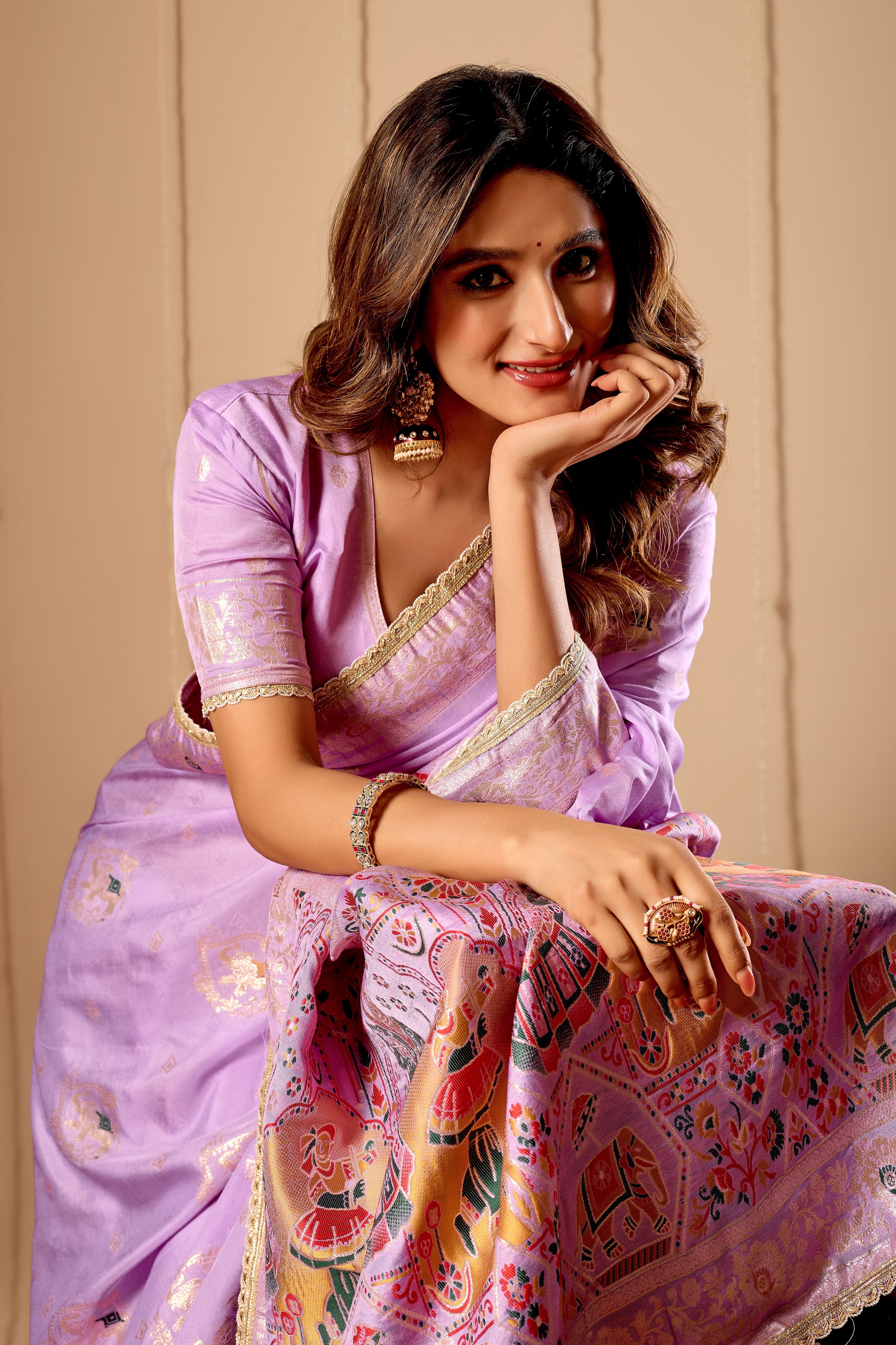 Lavender Mist Satin Silk Saree with Heritage Motifs & Zari Border