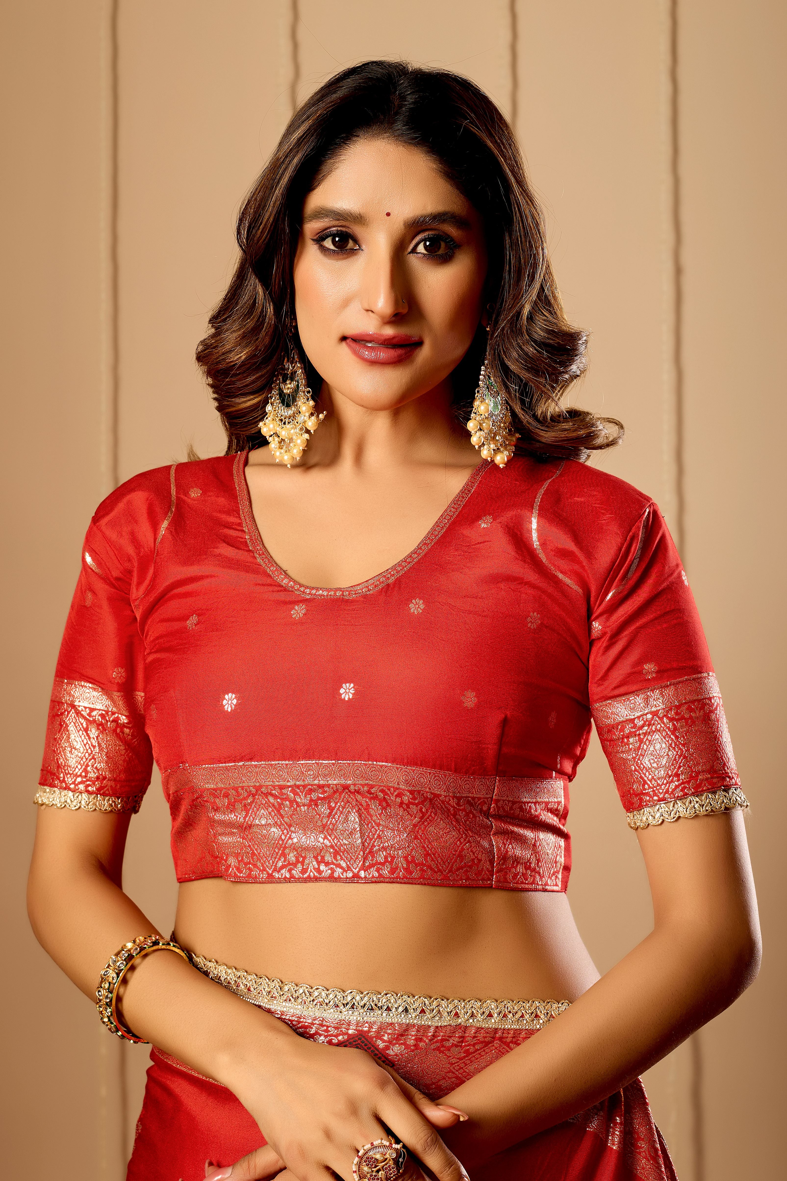 Crimson Vermilion Satin Silk Saree with Traditional Gold Zari Border