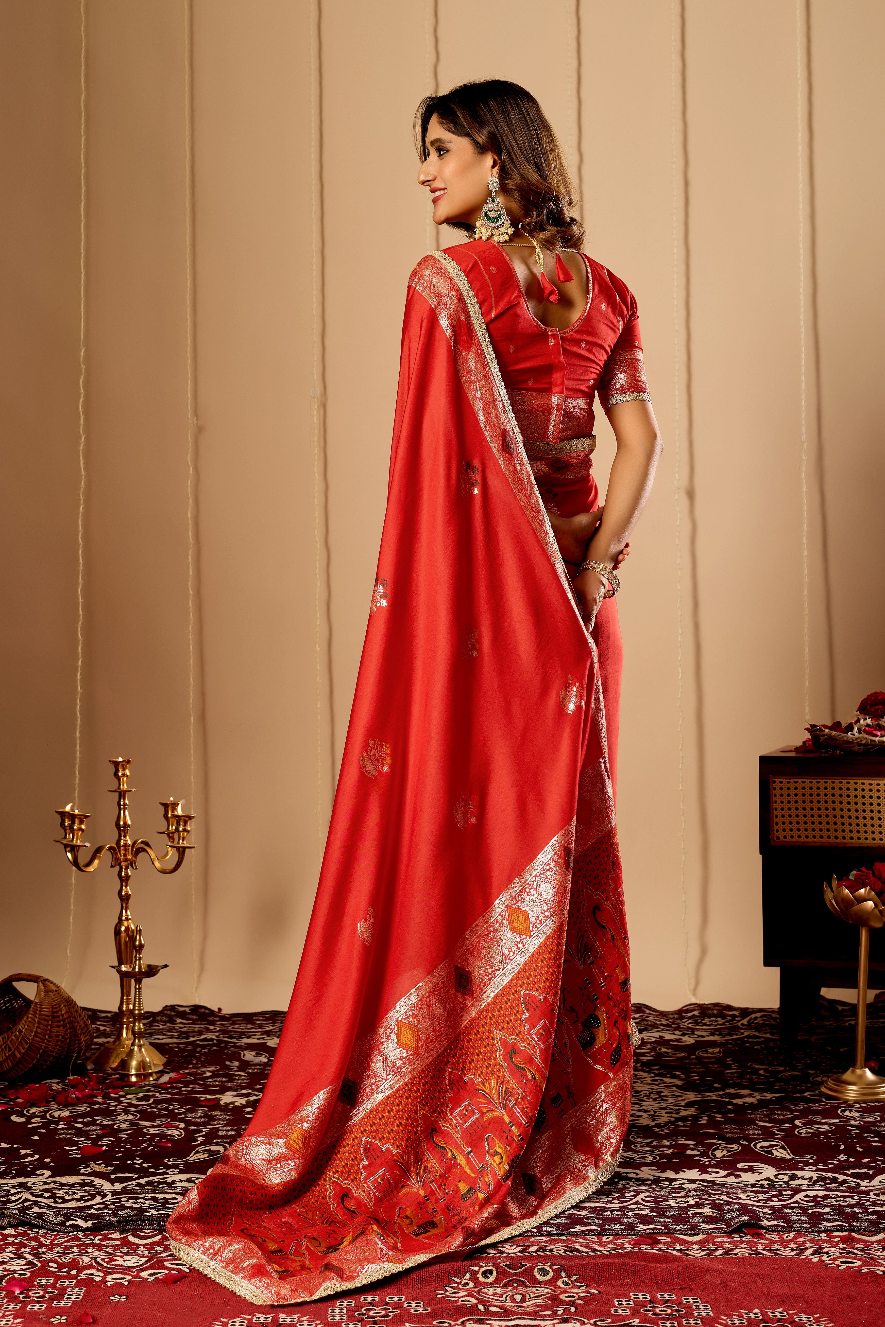 Crimson Vermilion Satin Silk Saree with Traditional Gold Zari Border