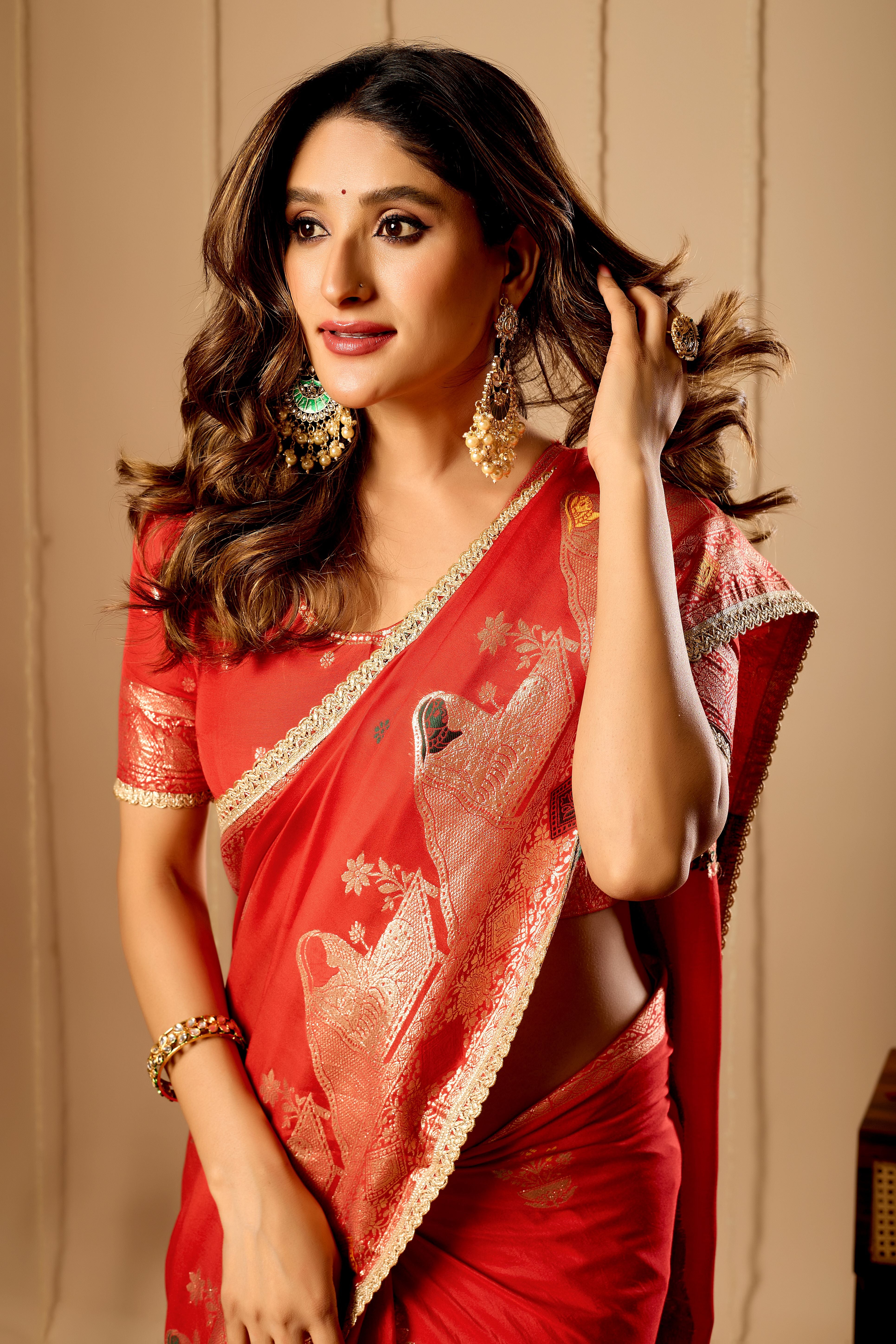 Crimson Vermilion Satin Silk Saree with Traditional Gold Zari Border