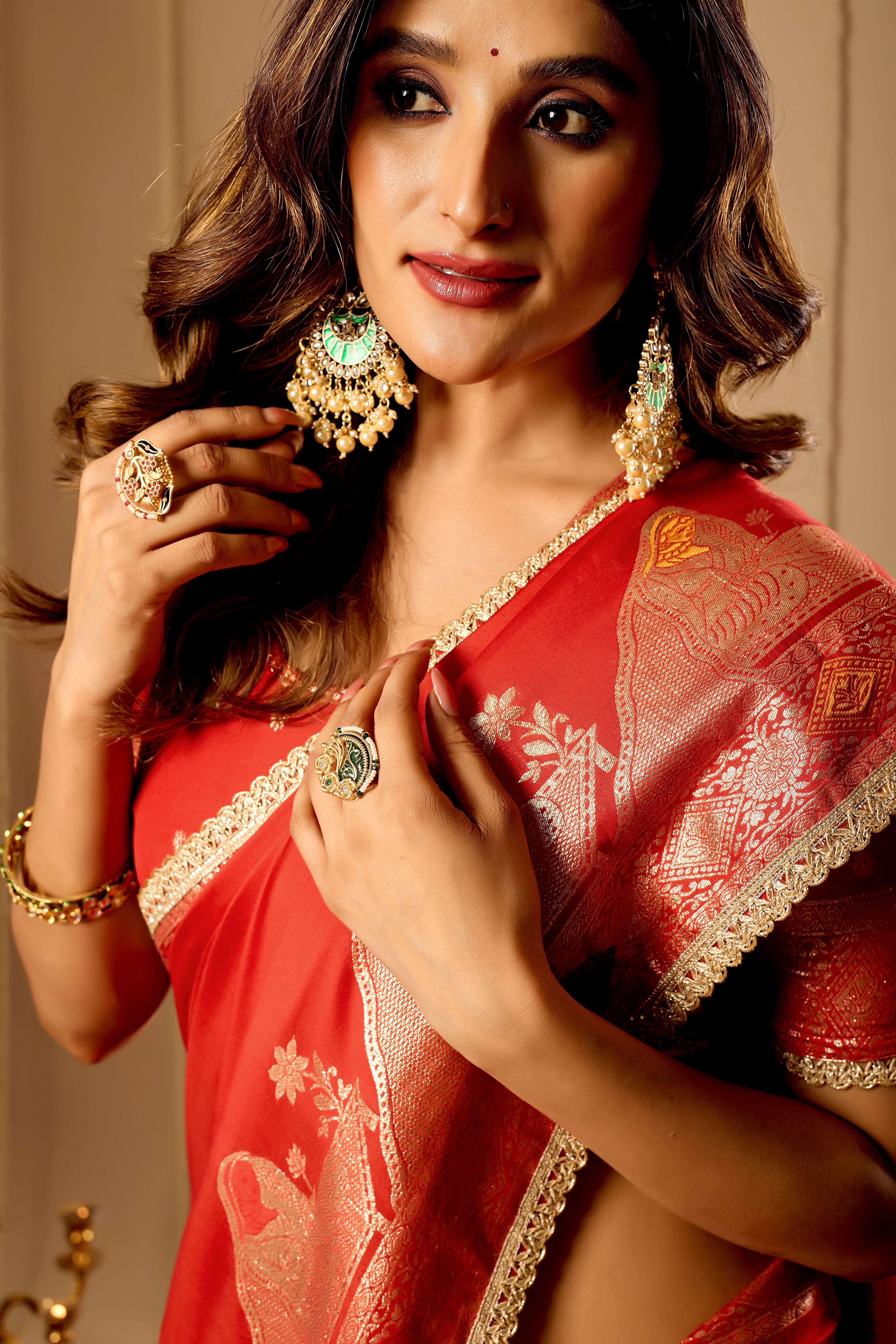 Crimson Vermilion Satin Silk Saree with Traditional Gold Zari Border