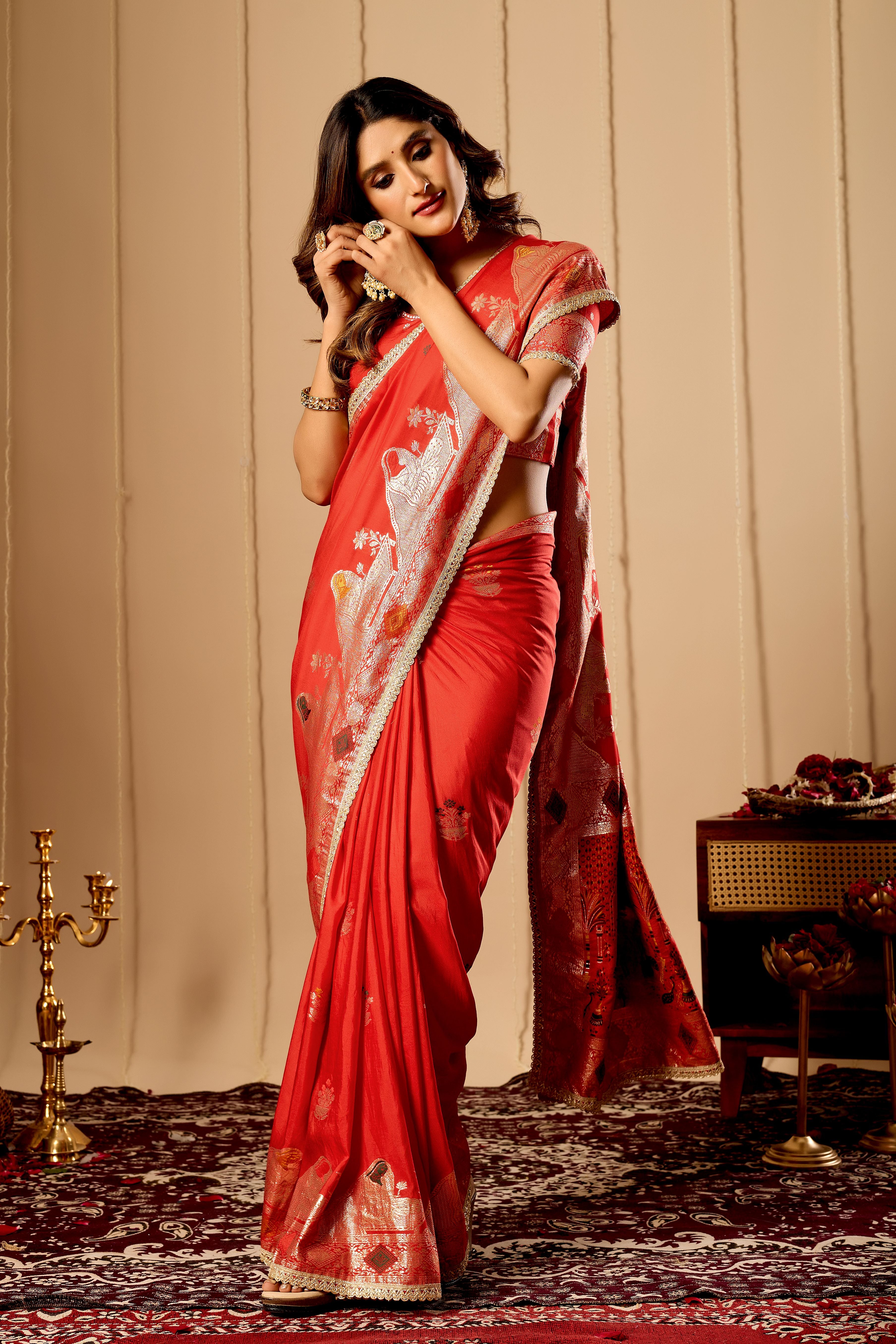 Crimson Vermilion Satin Silk Saree with Traditional Gold Zari Border