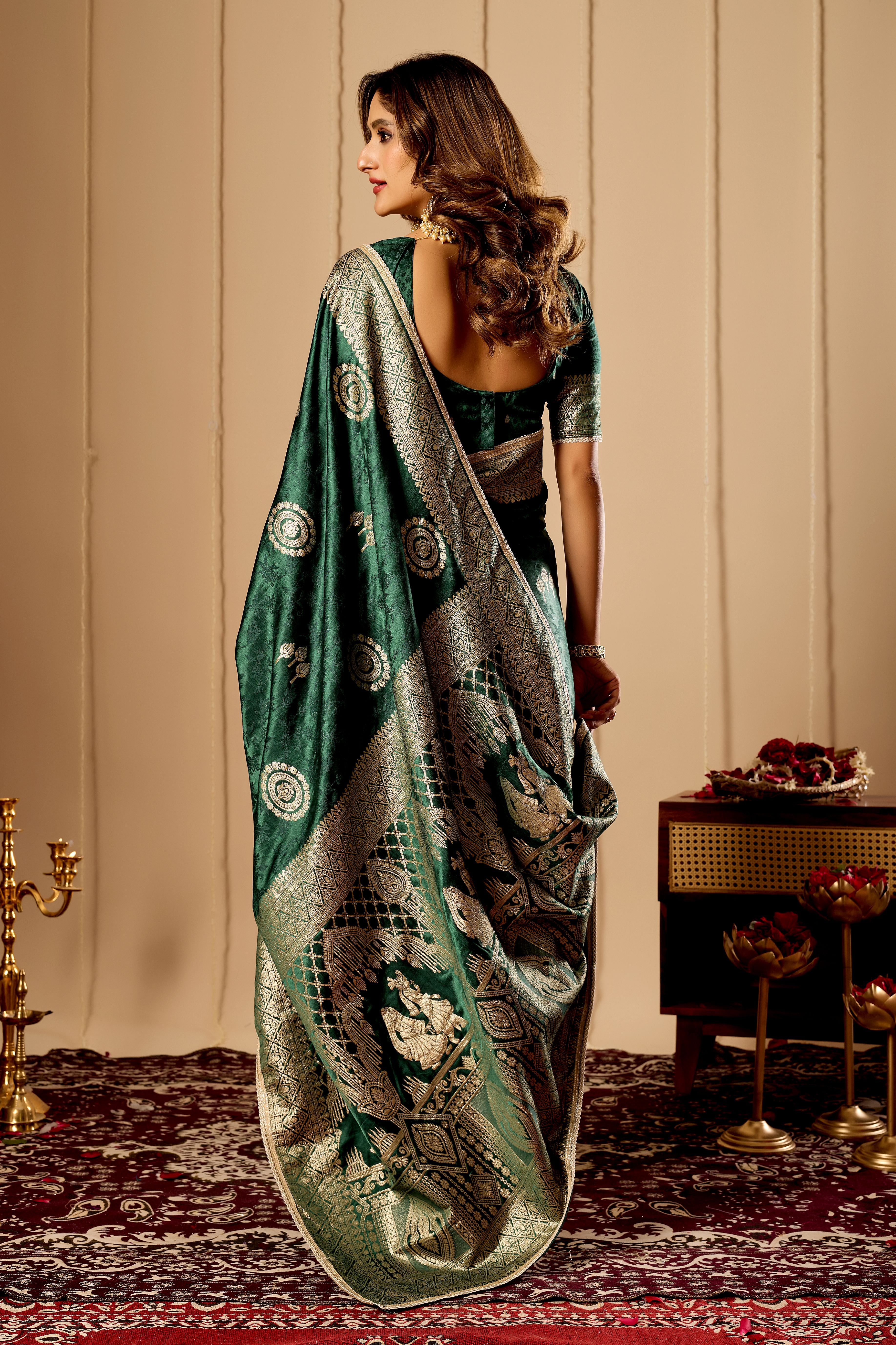 Emerald Green  Royale Satin Silk Saree with Antique Gold Zari Weave