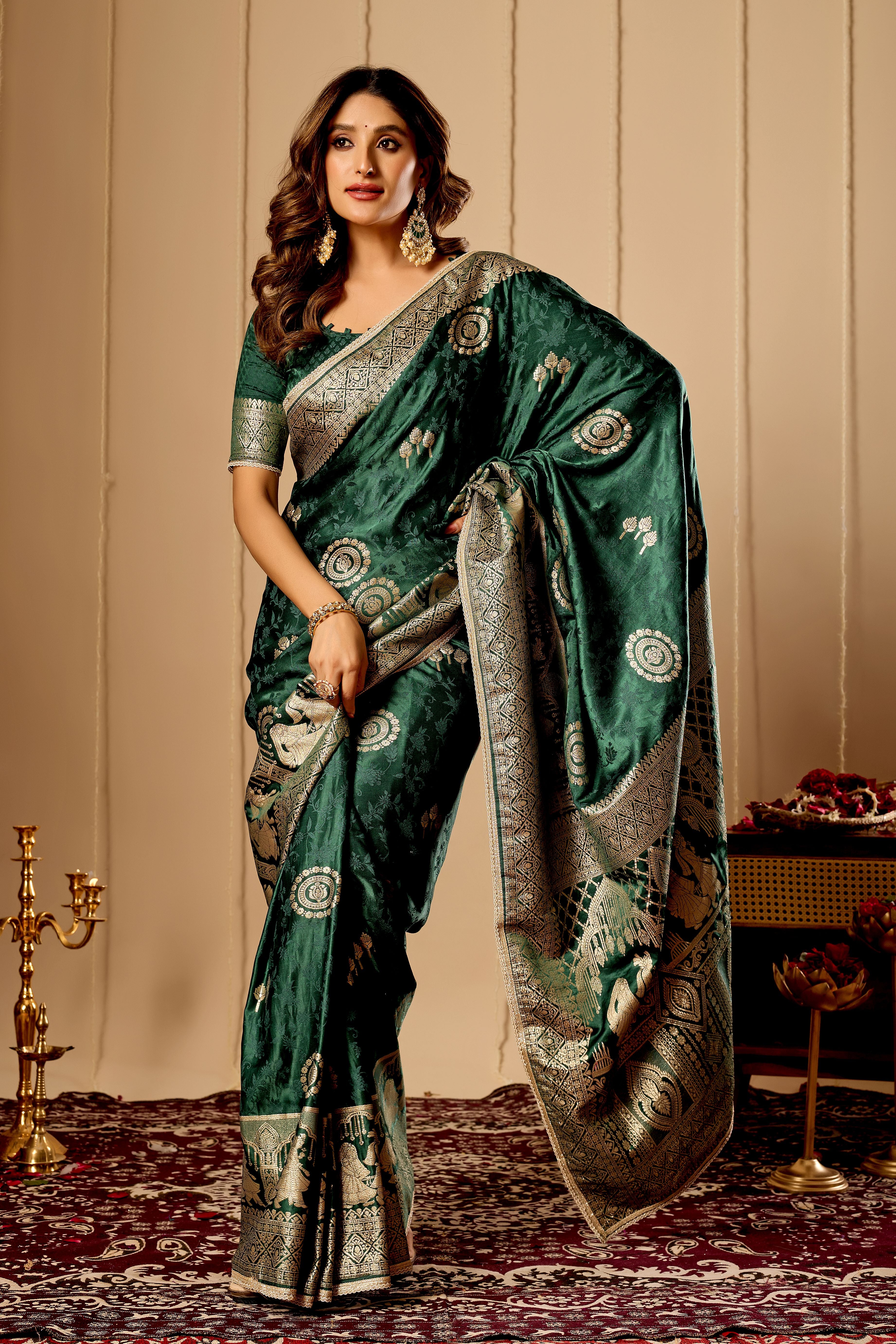 Emerald Green  Royale Satin Silk Saree with Antique Gold Zari Weave