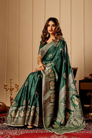 Emerald Green  Royale Satin Silk Saree with Antique Gold Zari Weave