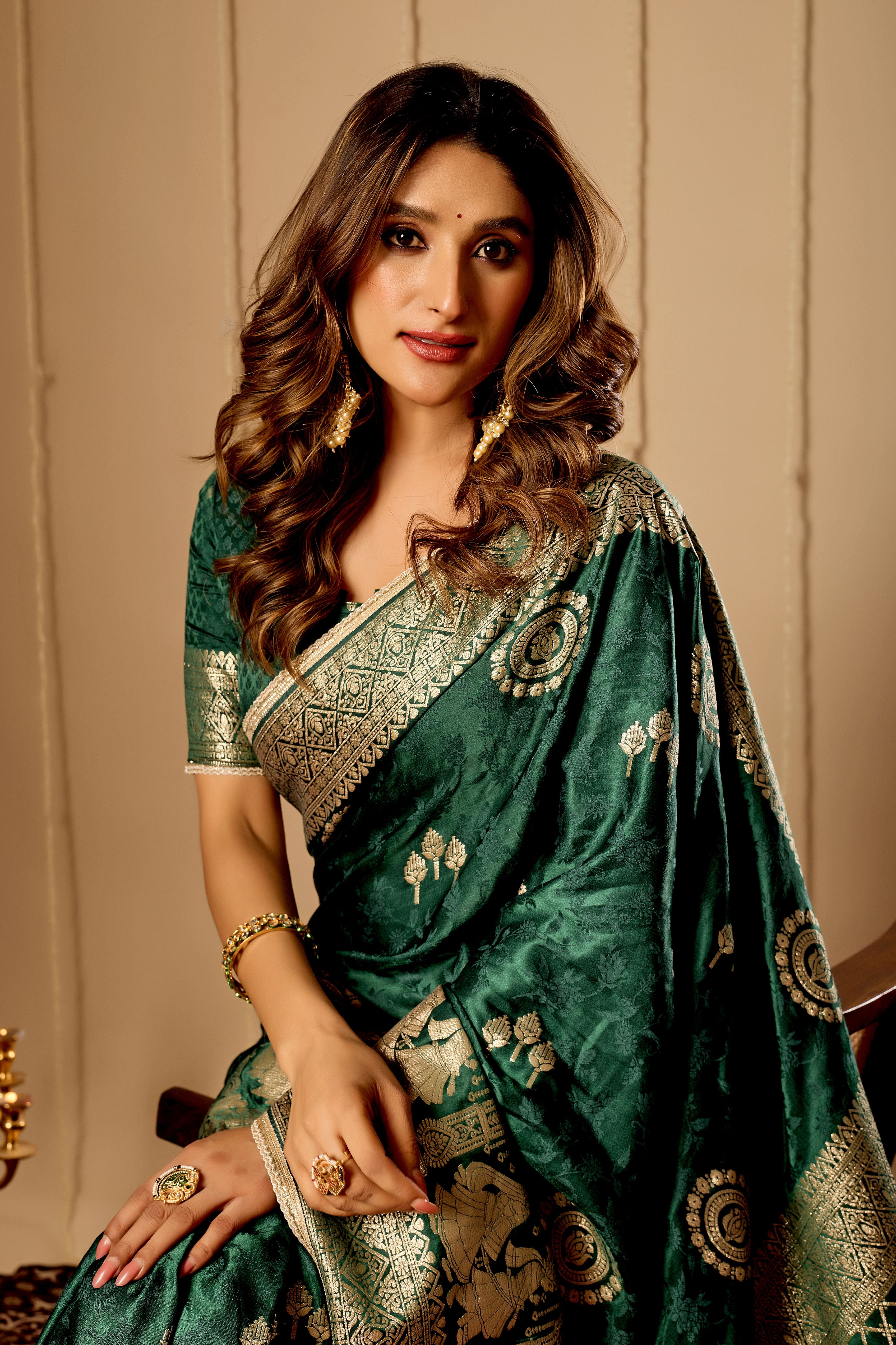 Emerald Green  Royale Satin Silk Saree with Antique Gold Zari Weave