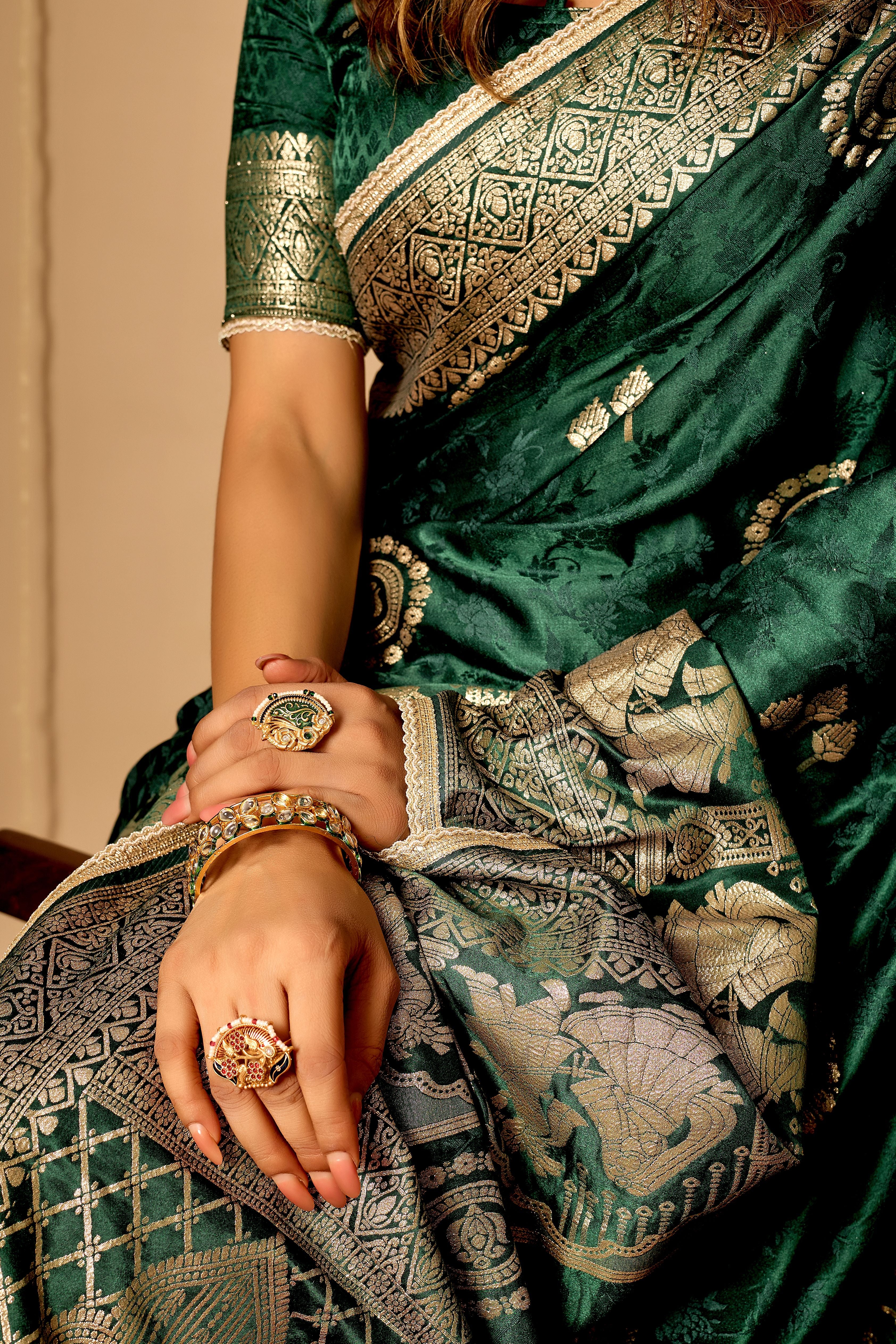 Emerald Green  Royale Satin Silk Saree with Antique Gold Zari Weave