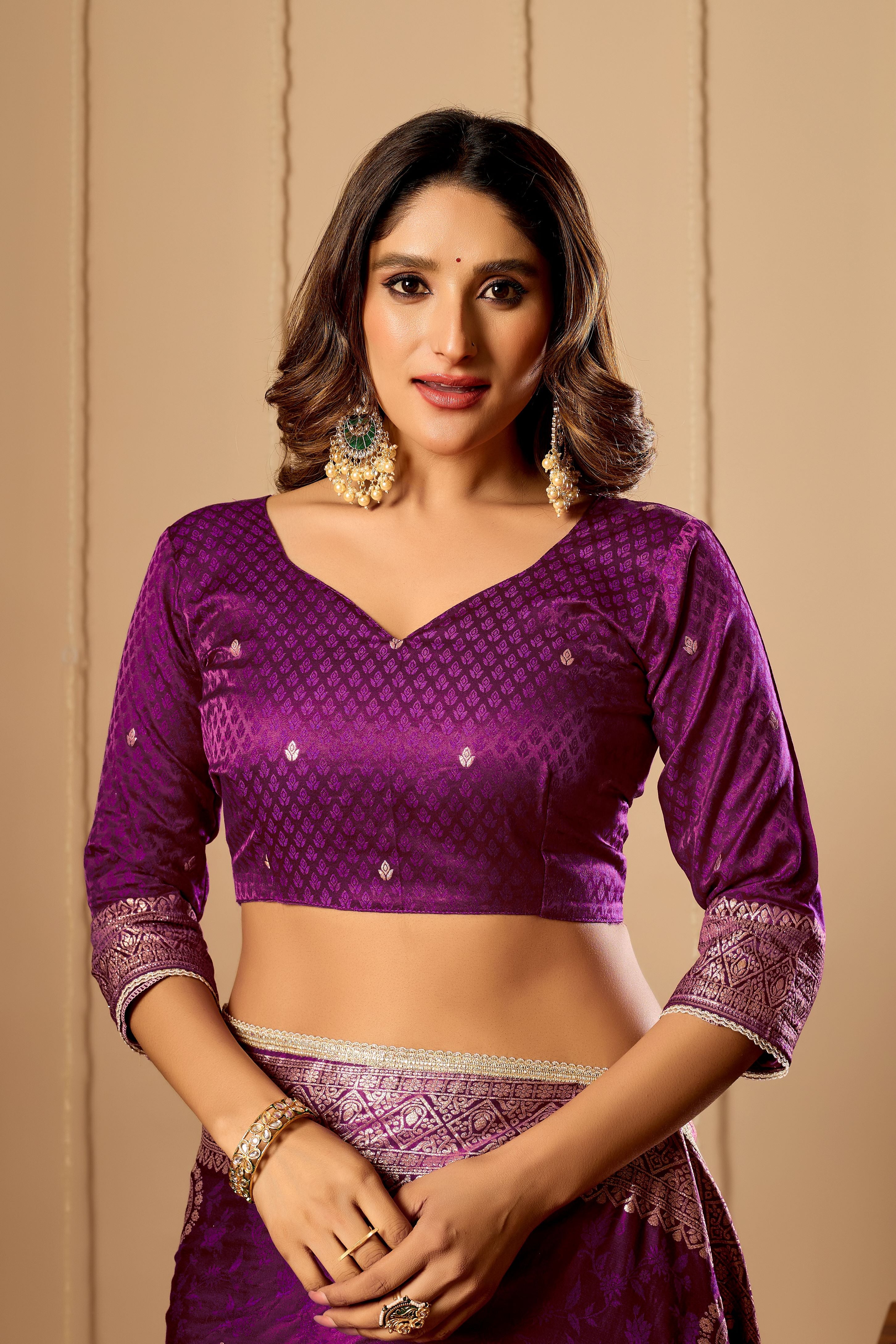 Regal Wine Purple Satin Silk Saree with Intricate Antique Gold Zari Weaving and Grand Traditional Pallu