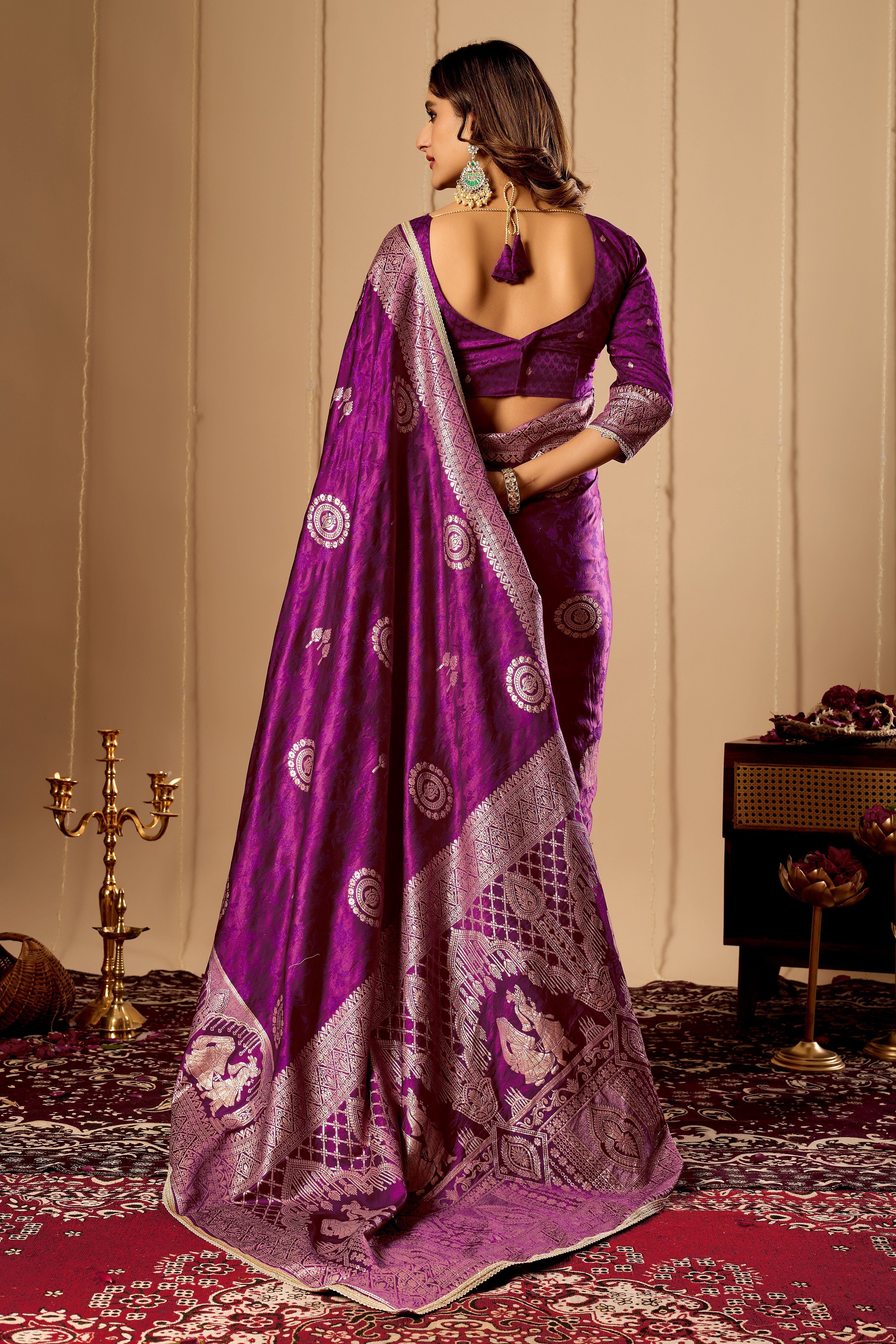 Regal Wine Purple Satin Silk Saree with Intricate Antique Gold Zari Weaving and Grand Traditional Pallu
