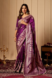 Regal Wine Purple Satin Silk Saree with Intricate Antique Gold Zari Weaving and Grand Traditional Pallu