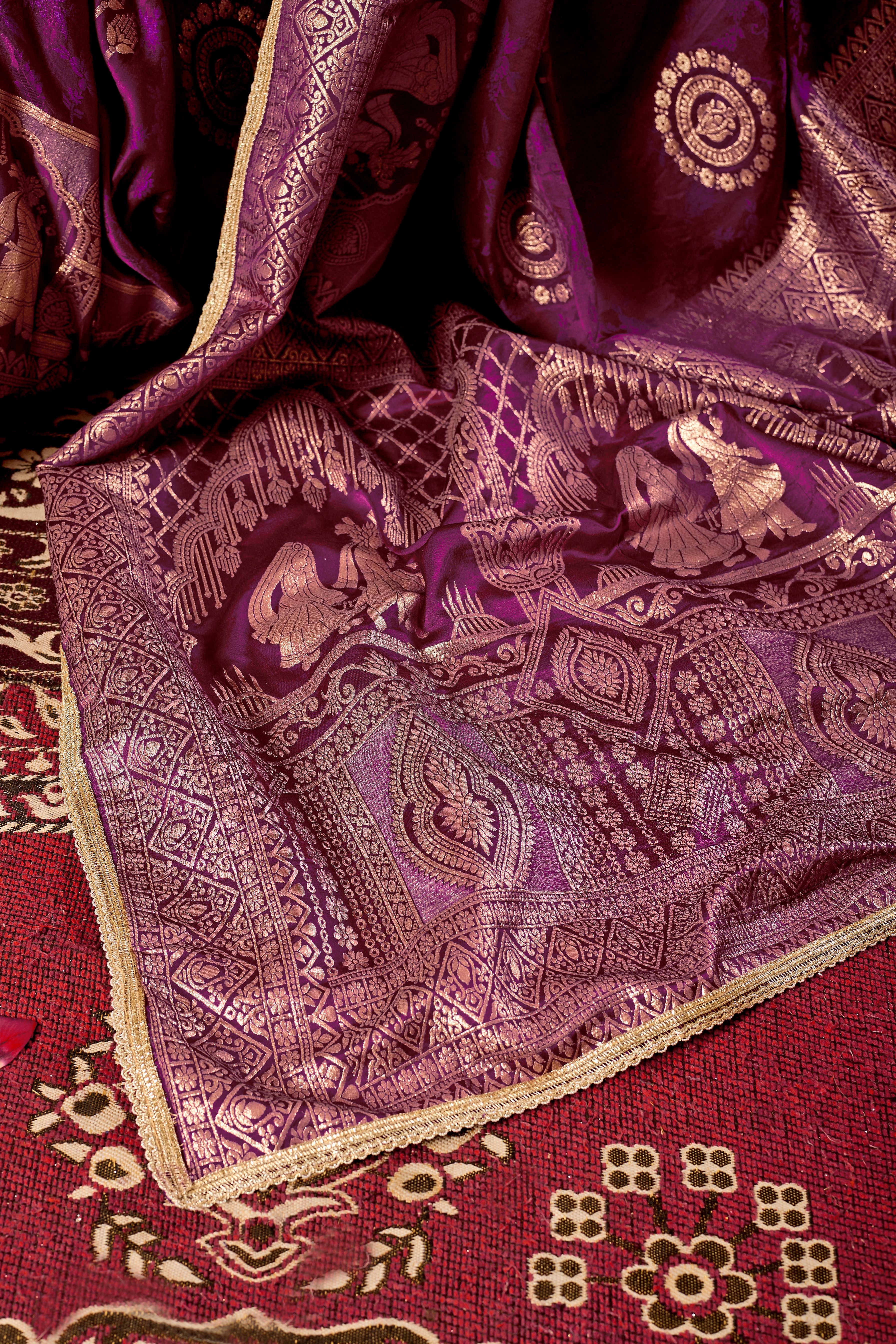 Regal Wine Purple Satin Silk Saree with Intricate Antique Gold Zari Weaving and Grand Traditional Pallu