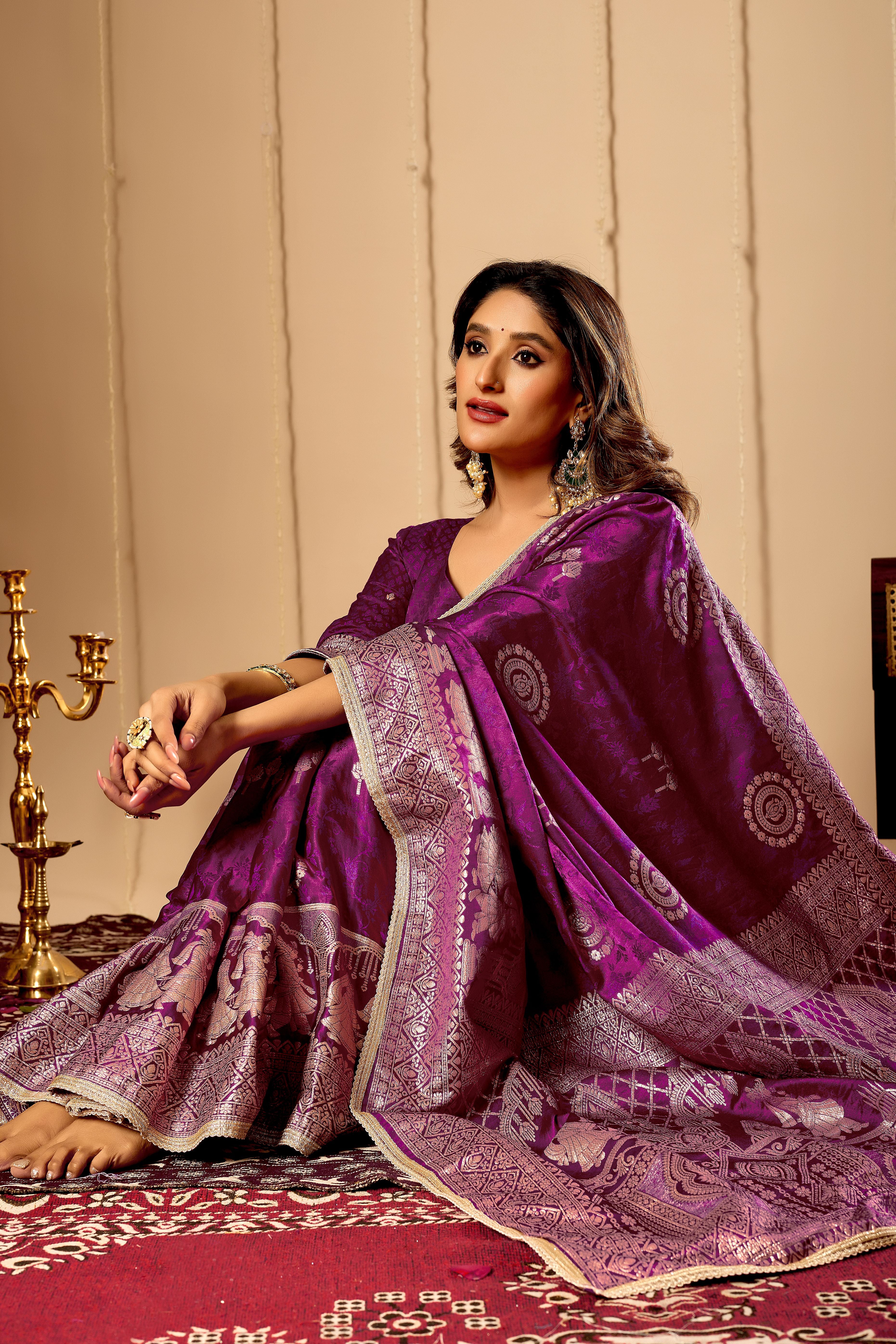 Regal Wine Purple Satin Silk Saree with Intricate Antique Gold Zari Weaving and Grand Traditional Pallu