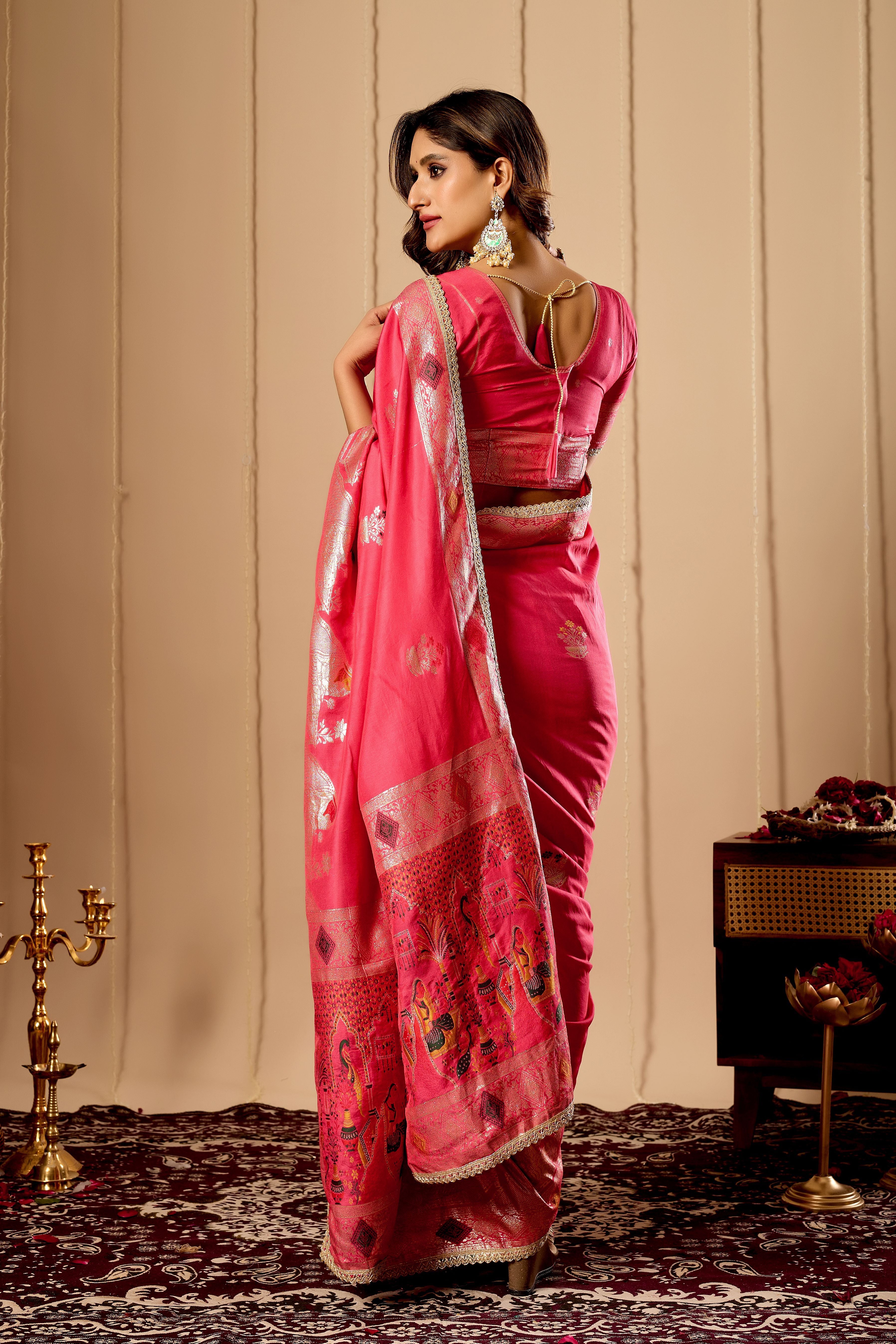 Radiant Rose Pink Satin Silk Saree with Antique Gold Zari Motifs and Ornate Traditional Pallu