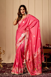 Radiant Rose Pink Satin Silk Saree with Antique Gold Zari Motifs and Ornate Traditional Pallu