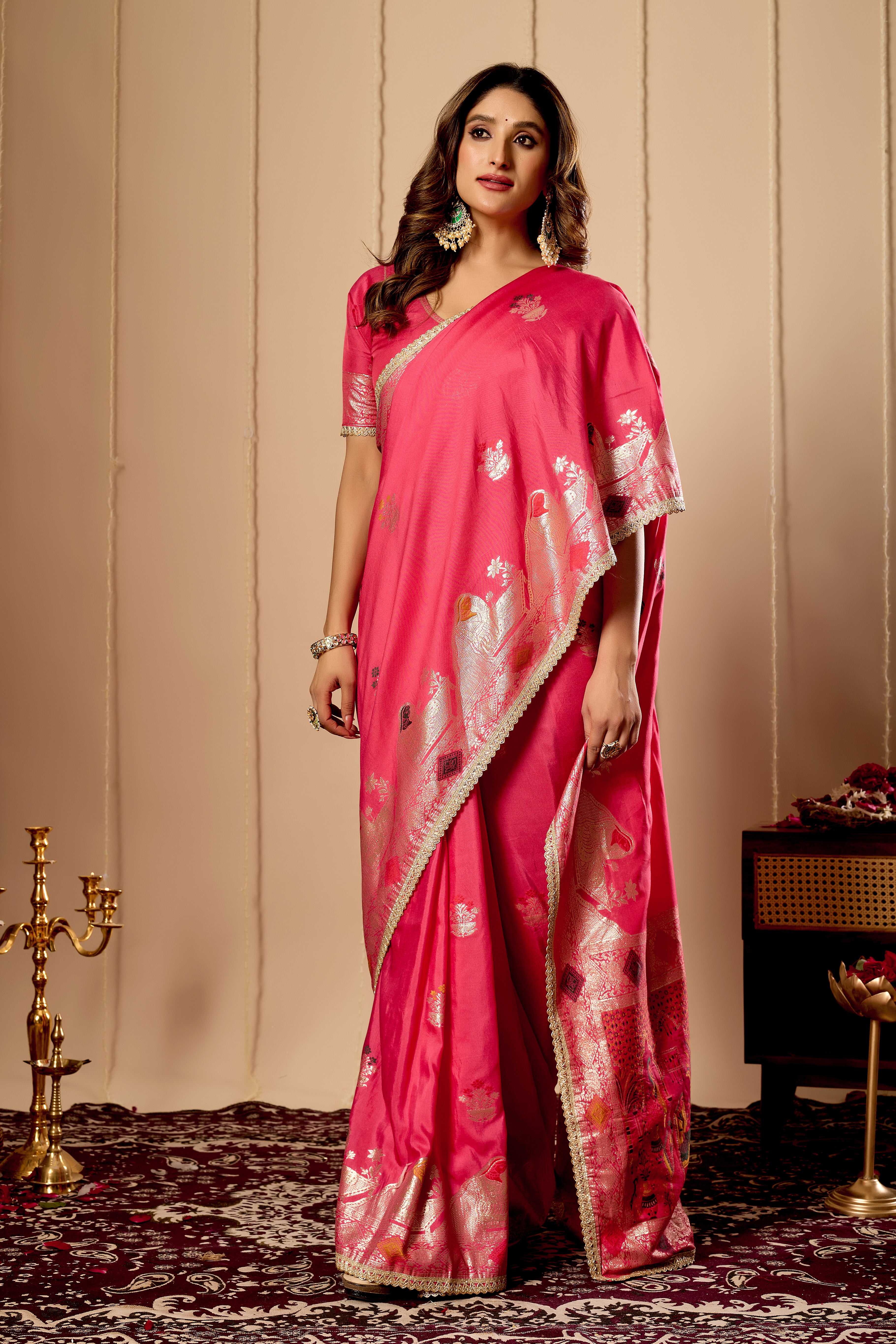 Radiant Rose Pink Satin Silk Saree with Antique Gold Zari Motifs and Ornate Traditional Pallu