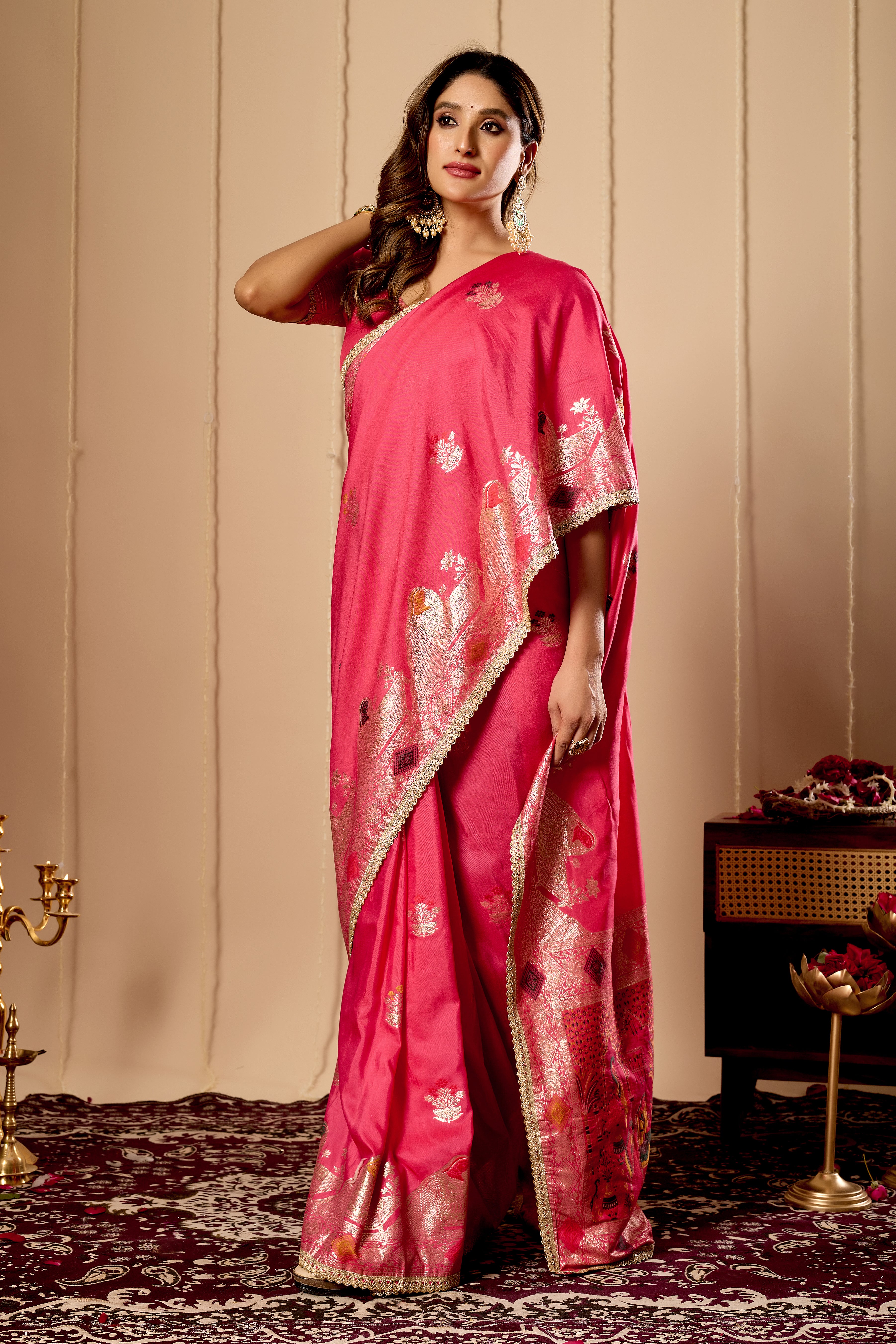 Radiant Rose Pink Satin Silk Saree with Antique Gold Zari Motifs and Ornate Traditional Pallu