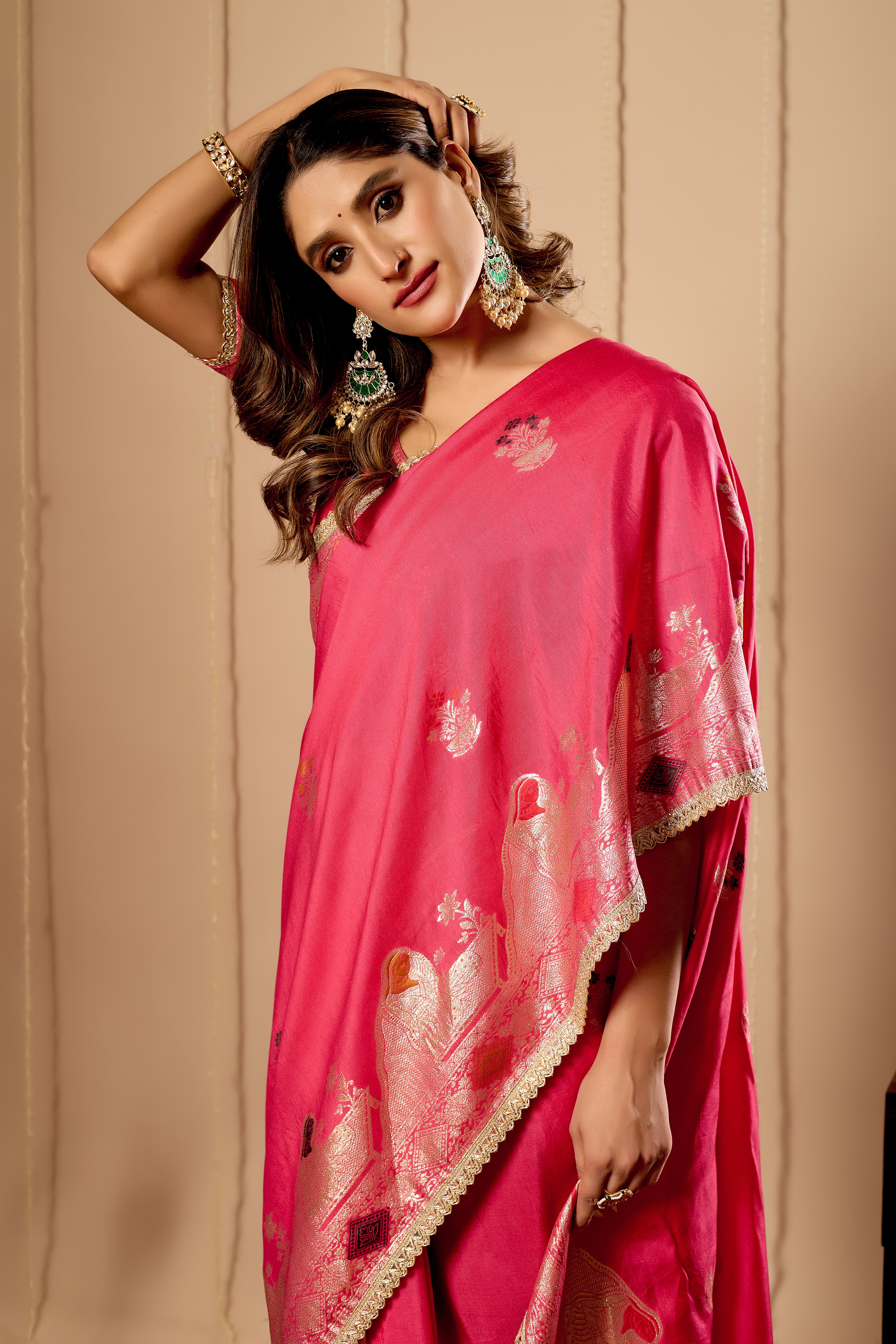 Radiant Rose Pink Satin Silk Saree with Antique Gold Zari Motifs and Ornate Traditional Pallu