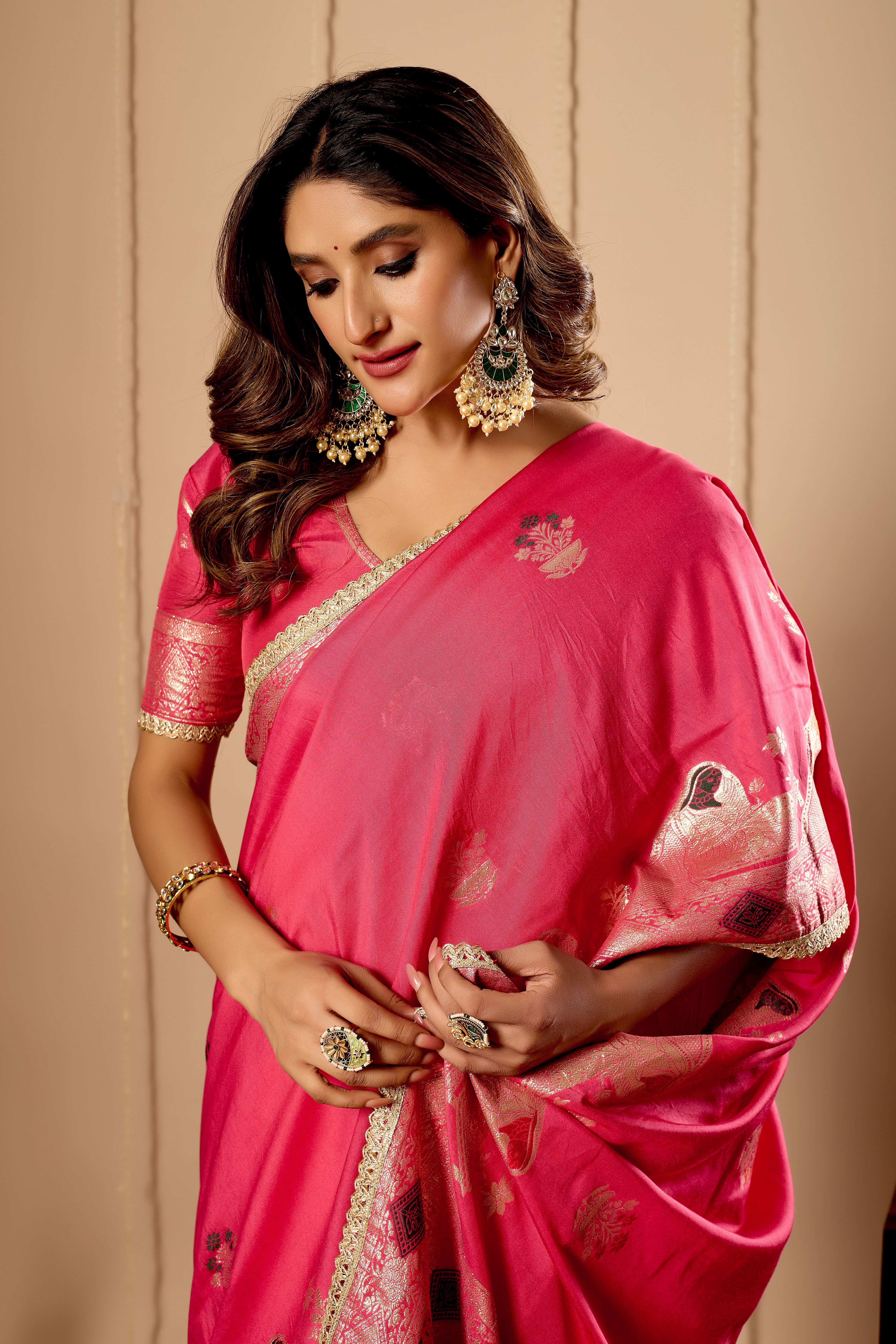 Radiant Rose Pink Satin Silk Saree with Antique Gold Zari Motifs and Ornate Traditional Pallu