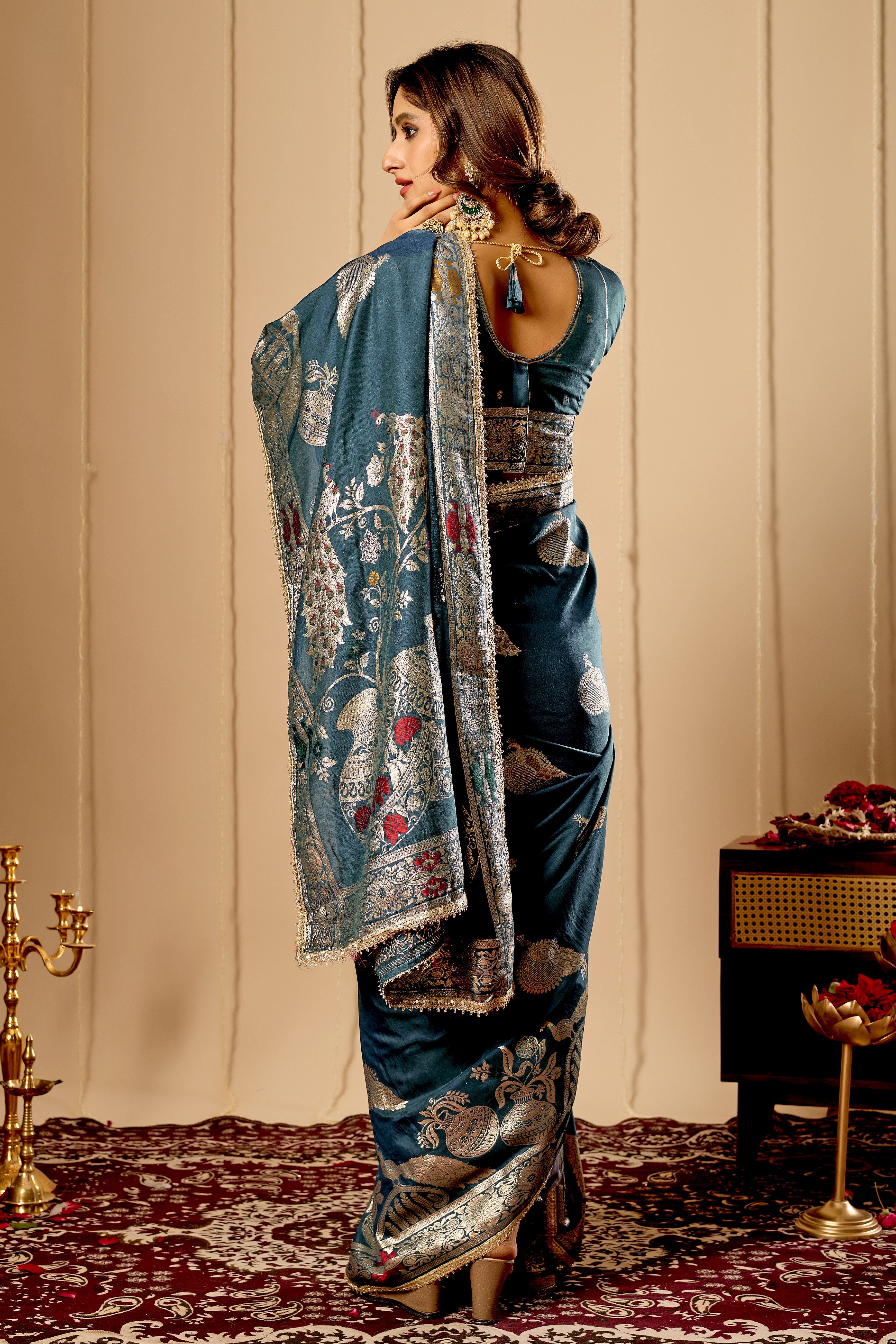 Elegant Teal Blue  Satin  Silk Saree with Silver Zari Motifs and Richly Woven Traditional Pallu