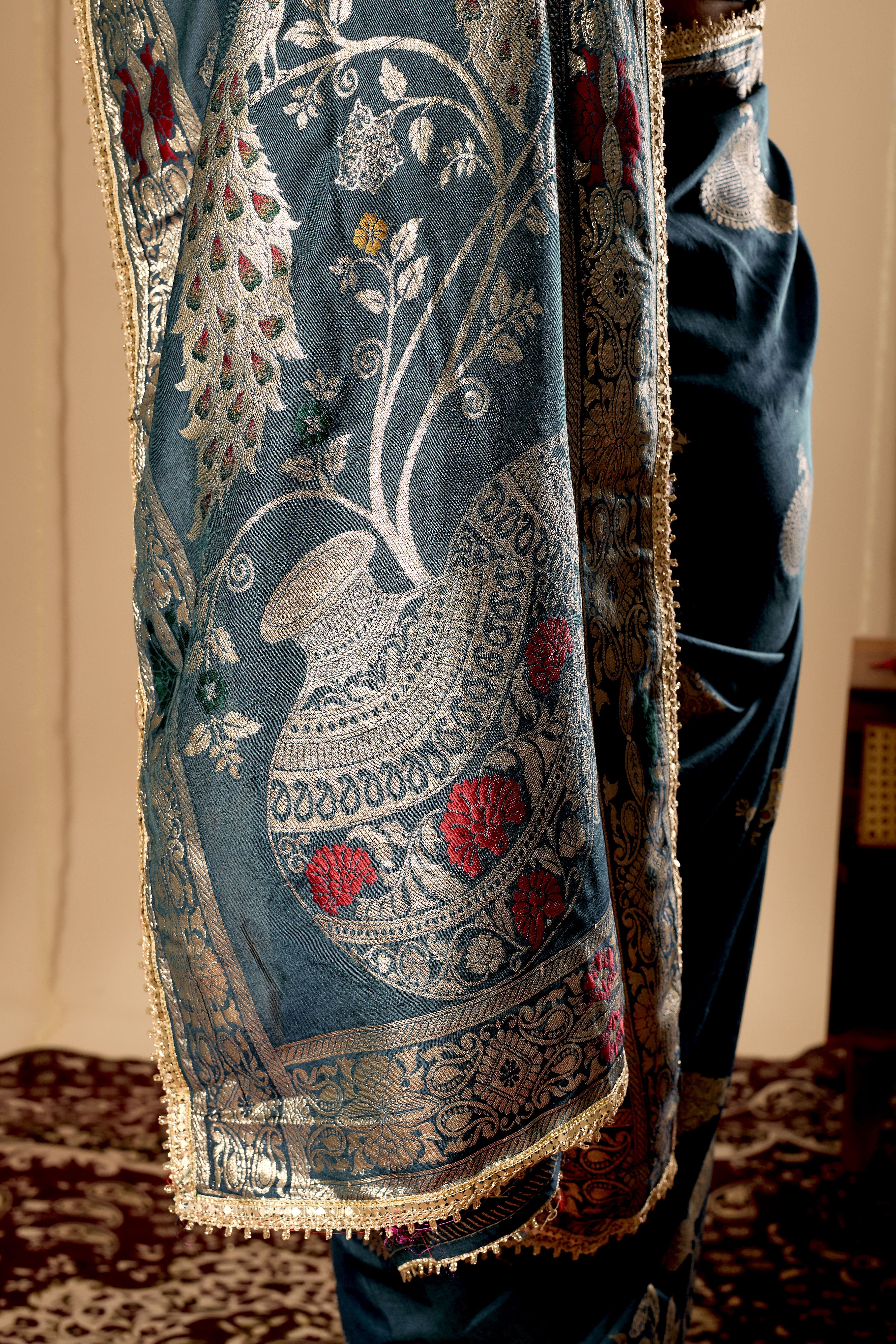 Elegant Teal Blue  Satin  Silk Saree with Silver Zari Motifs and Richly Woven Traditional Pallu